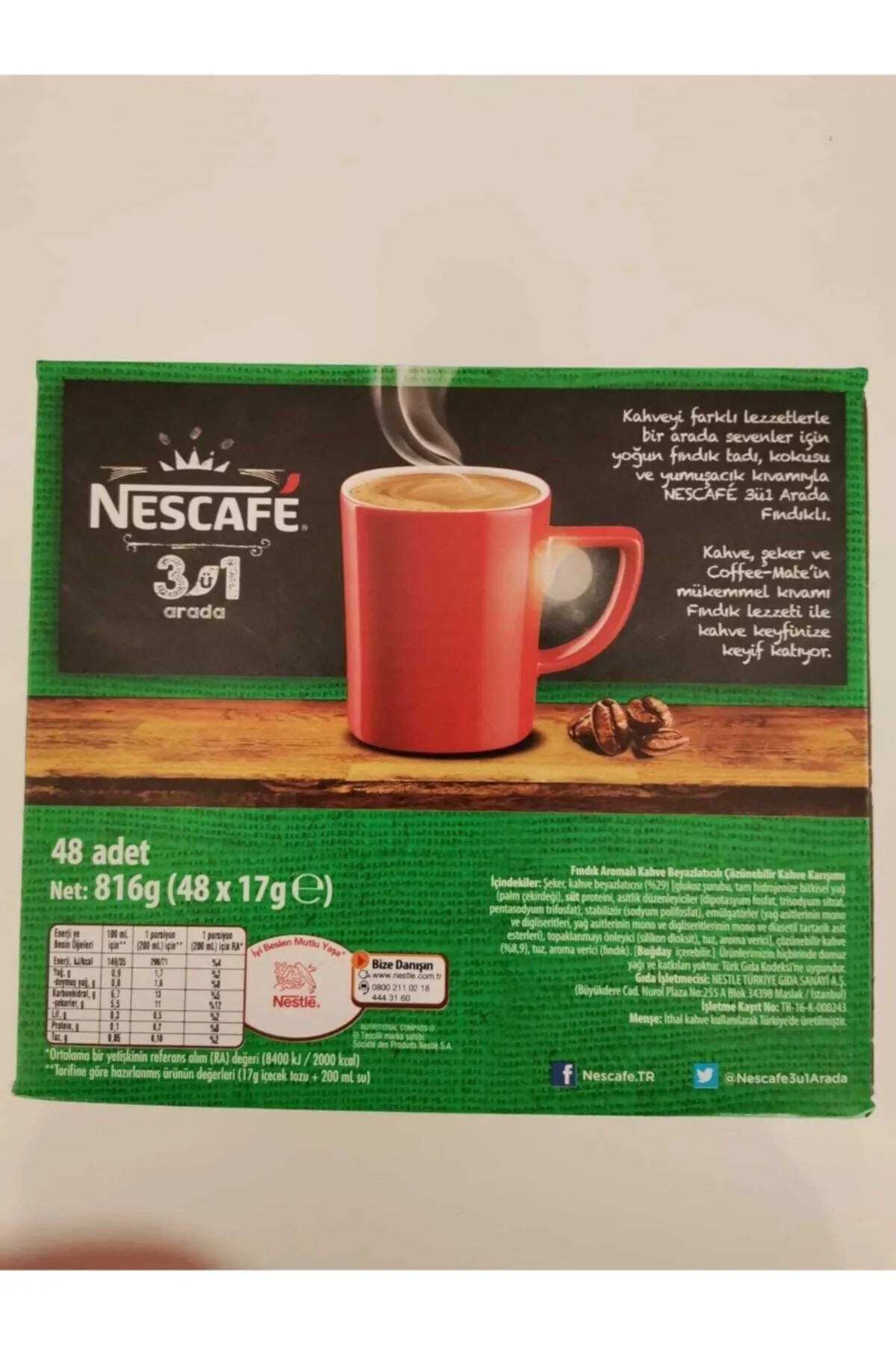 Nescafe Fındık Aromalı 3'ü 1 Arada Kahve 48x17 gr