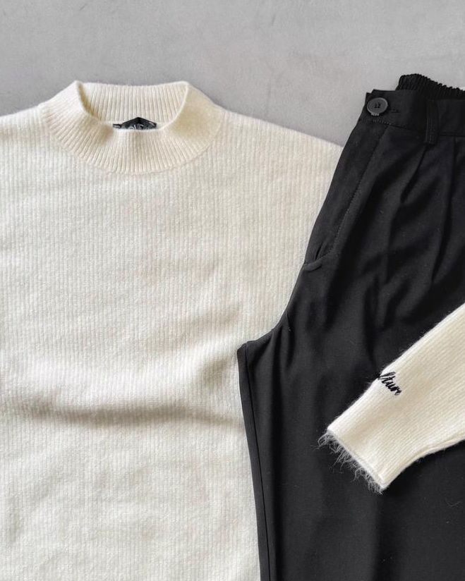 Dik Yaka Triko Kazak & Kumaş Pantolon G2085 - Ekru