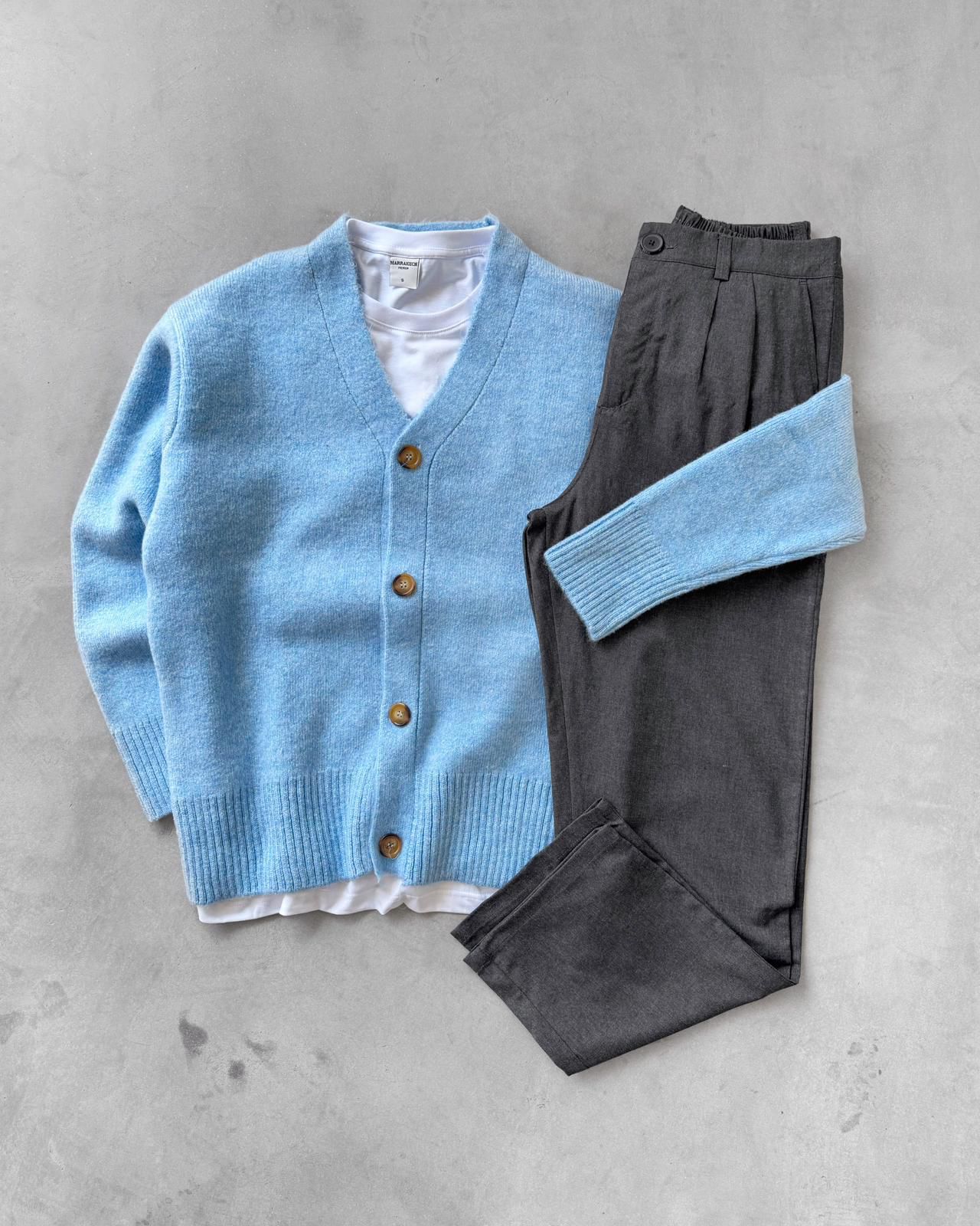 Sık Dokuma Düğmeli Triko Hırka & Kombin Pantolon G2090 - Bebe Mavisi