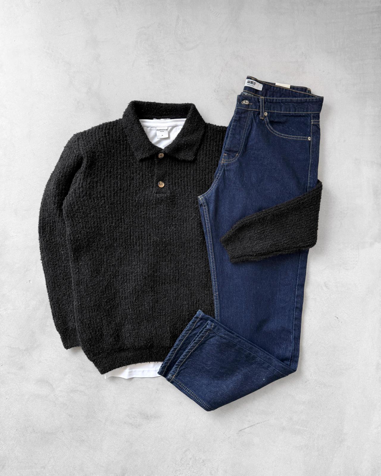 Poplin Kumaş Polo Yaka Triko & Regular Fit Kot Pantolon G2117 - Siyah