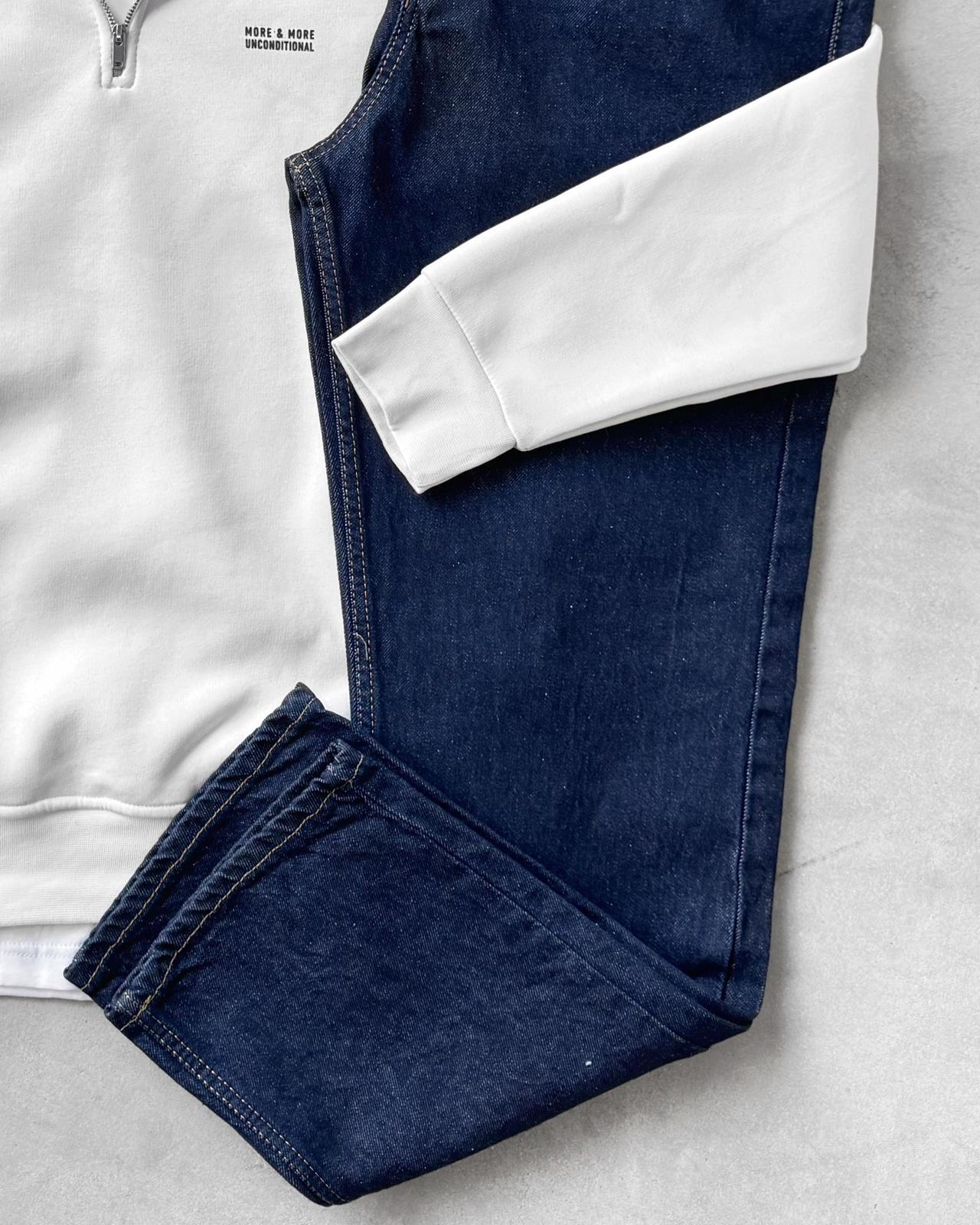 Yarım Fermuarlı Üç İplik Sweatshirt & Baggy Kot Pantolon G2109 - Beyaz