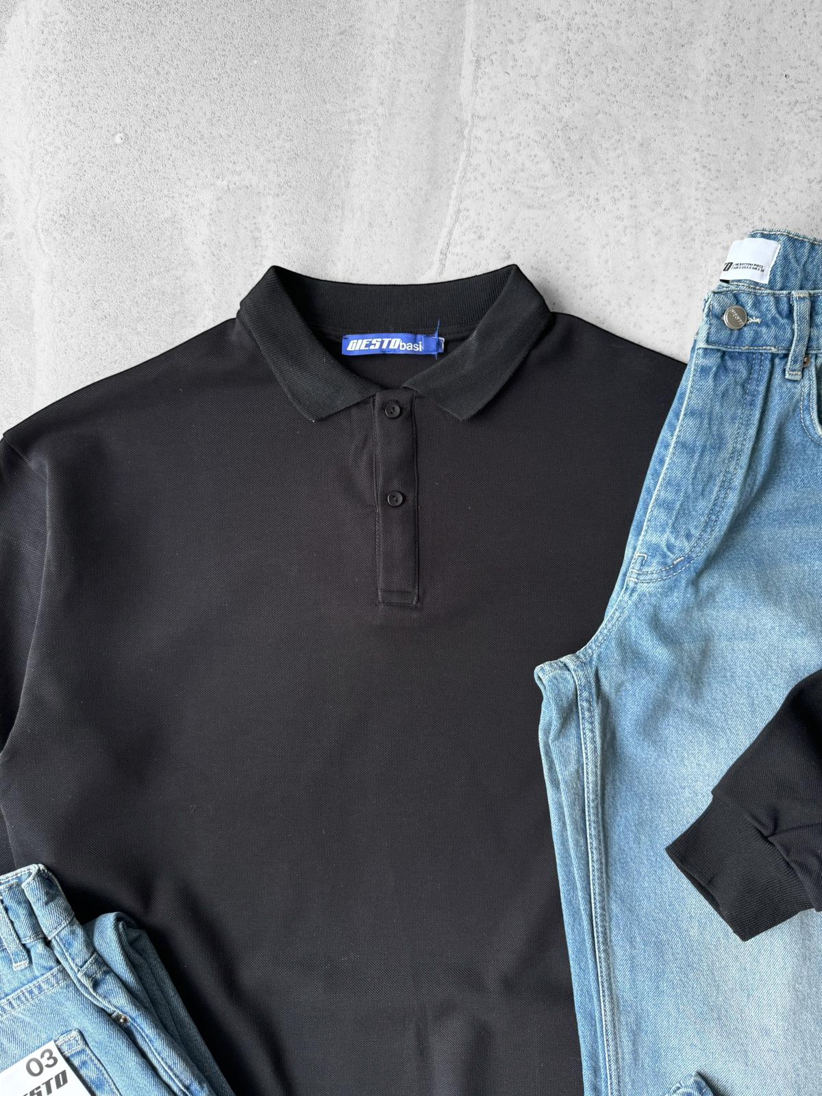 Oversize Polo Yaka Uzun Kollu Tişört & Regular Kot Pantolon G2015 - Siyah