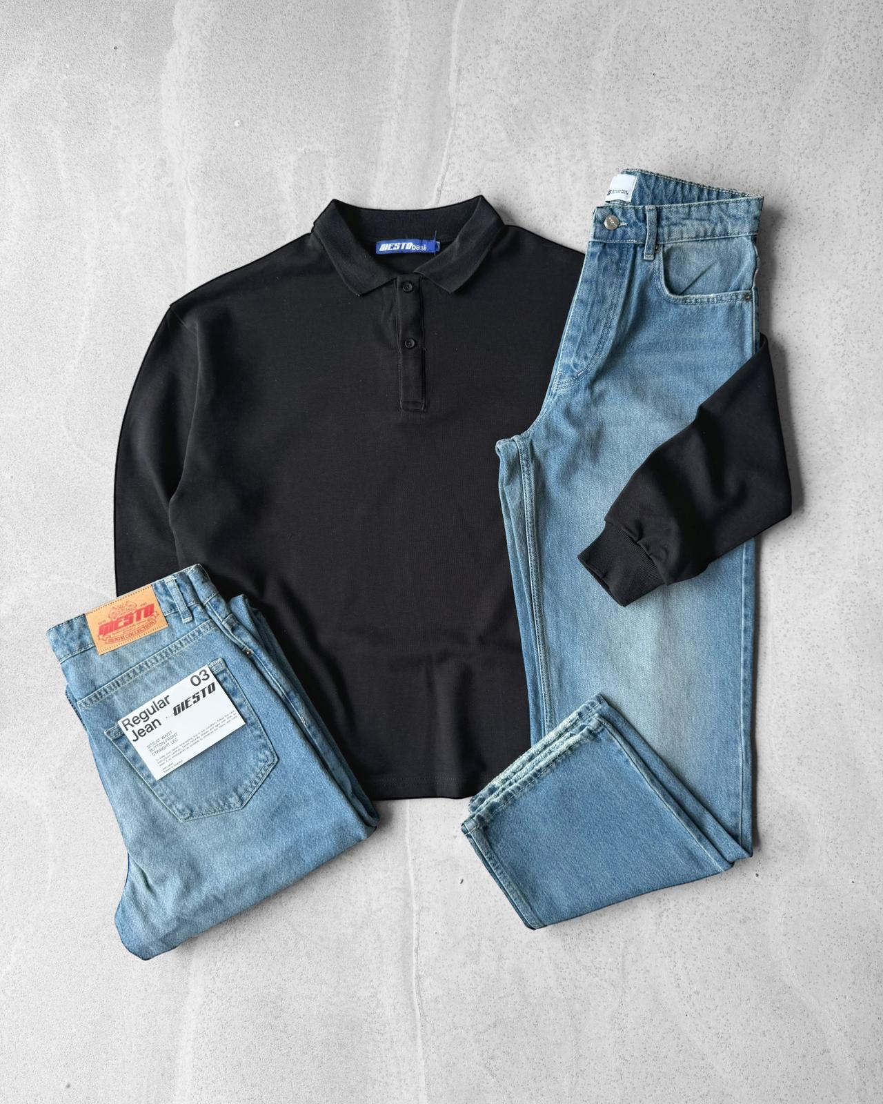 Oversize Polo Yaka Uzun Kollu Tişört & Regular Kot Pantolon G2015 - Siyah