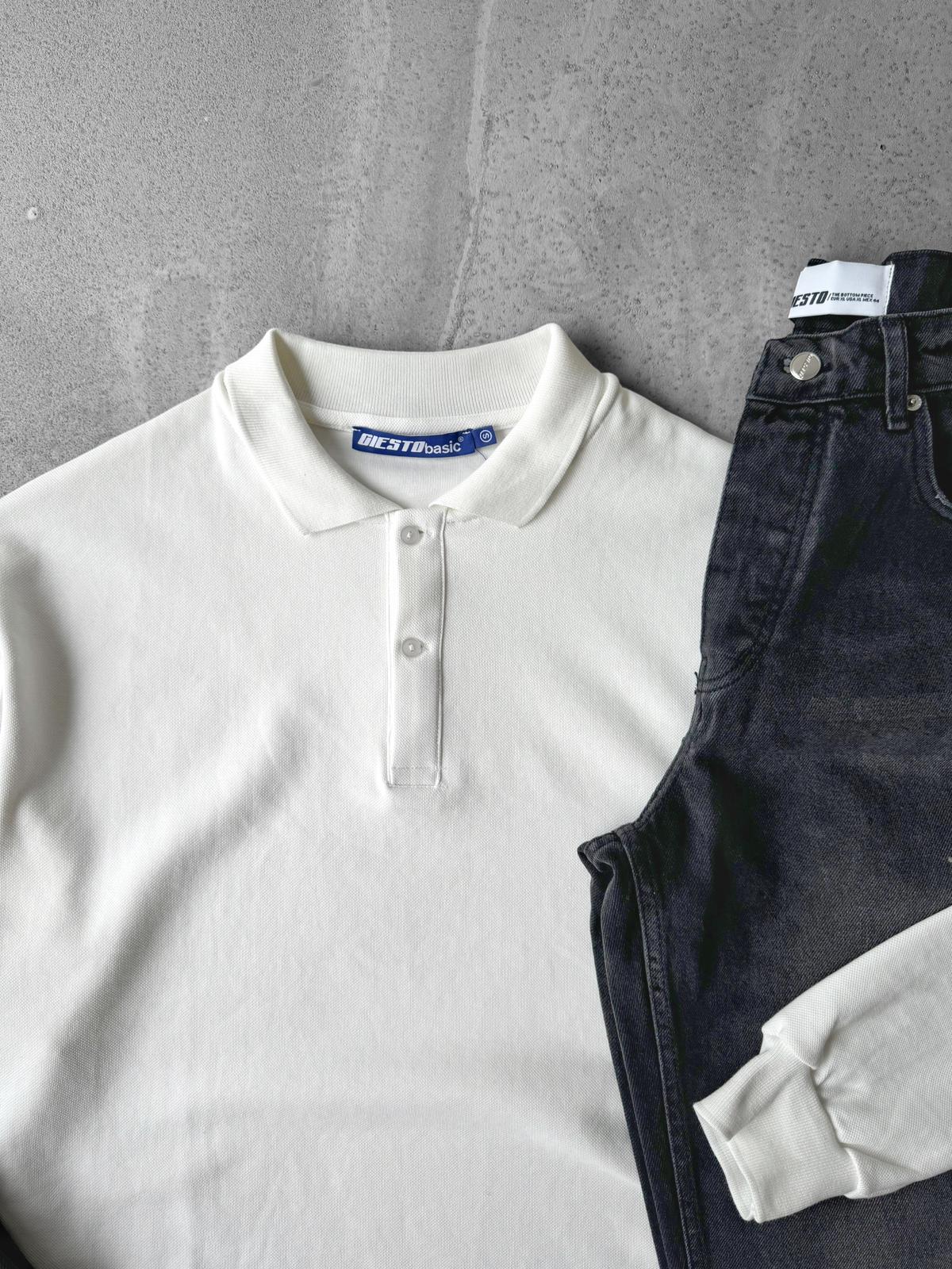 Oversize Polo Yaka Uzun Kollu Tişört & Regular Kot Pantolon G2015 - Beyaz
