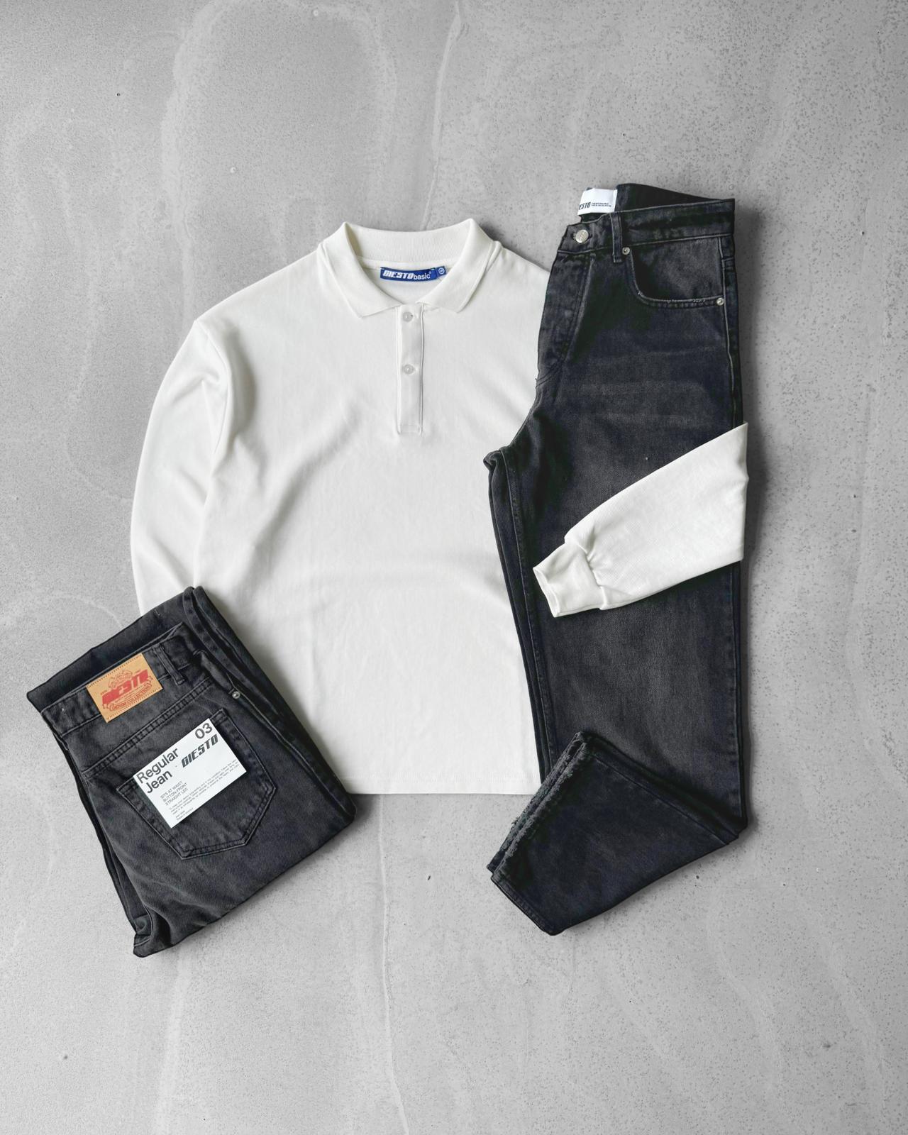 Oversize Polo Yaka Uzun Kollu Tişört & Regular Kot Pantolon G2015 - Beyaz