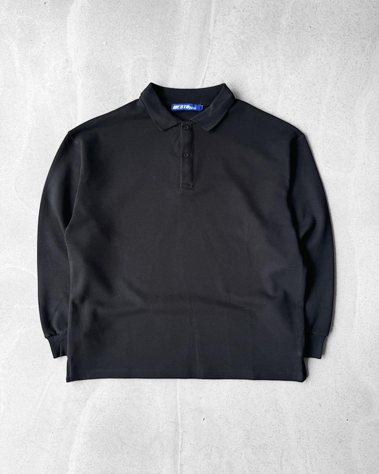 Oversize Polo Yaka Uzun Kollu Tişört G2016 - Siyah