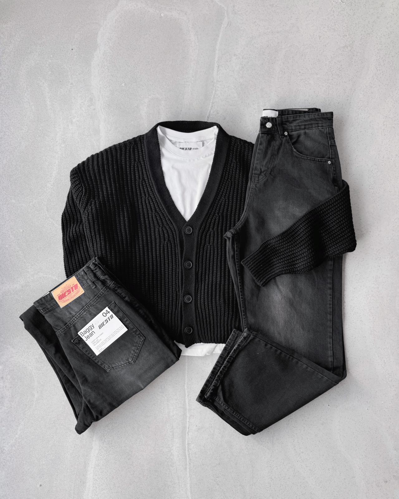 Düğmeli Triko Hırka & Regular Fit Kot Pantolon G2071 - Siyah