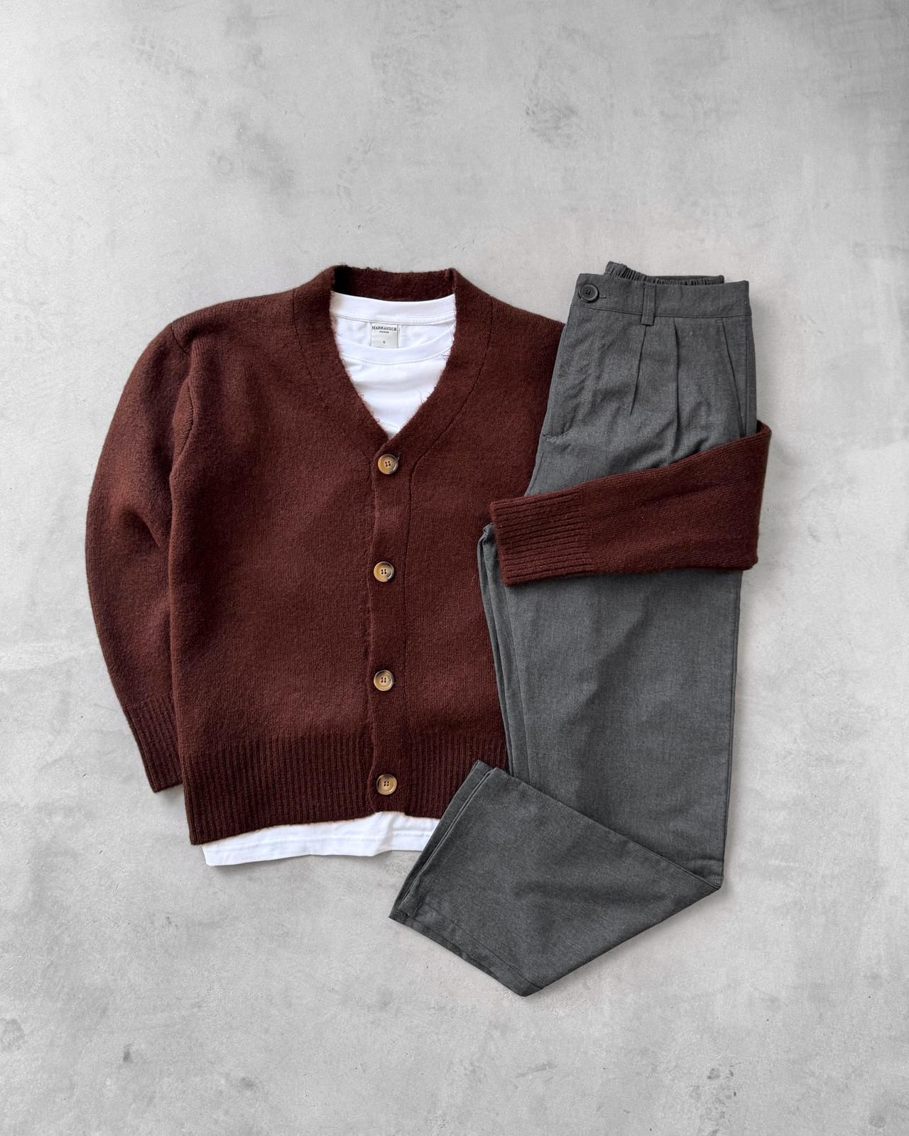 Sık Dokuma Düğmeli Triko Hırka & Kombin Pantolon G2090 - Kahverengi