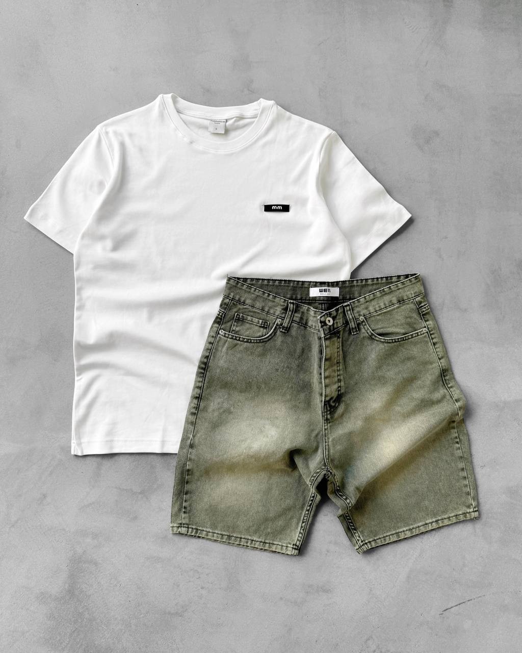 MM Bisiklet Yaka Oversize Tişört & Kot Şort  - Beyaz