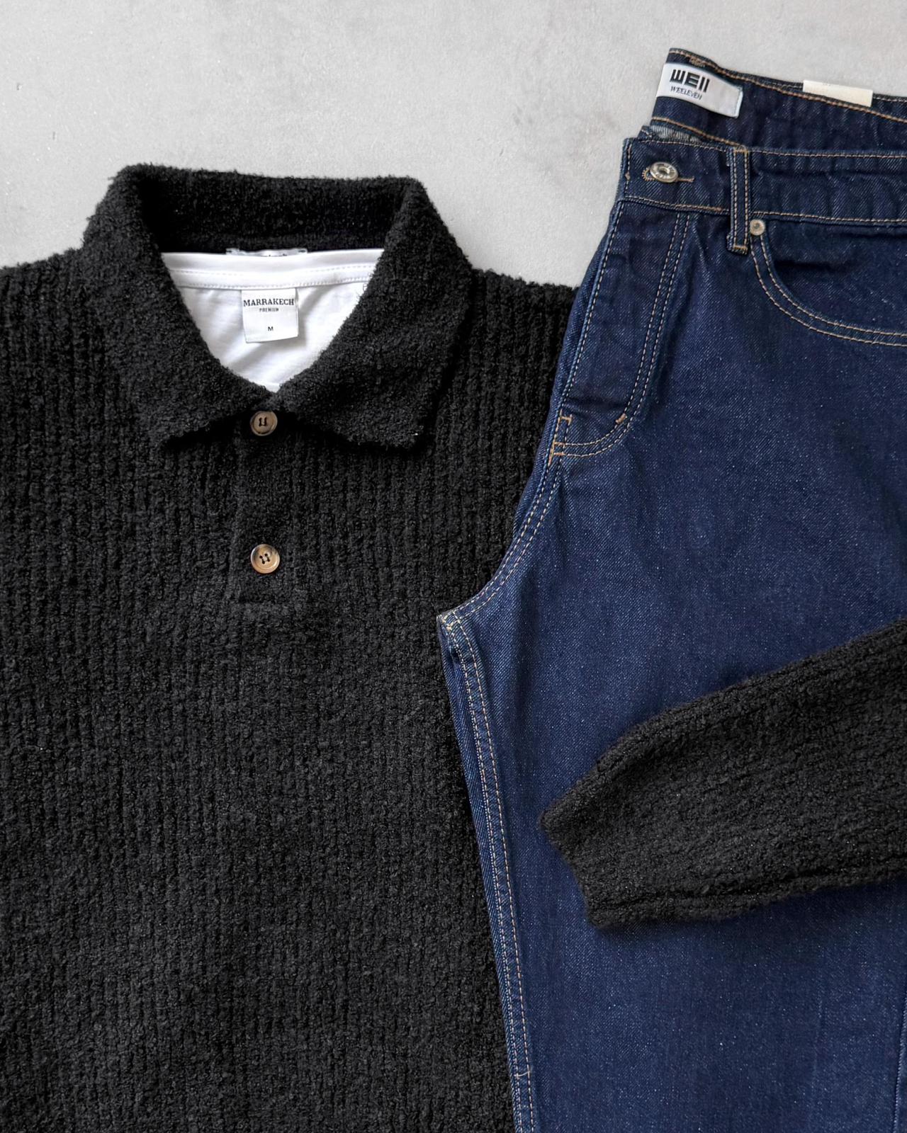 Poplin Kumaş Polo Yaka Triko & Regular Fit Kot Pantolon G2117 - Siyah