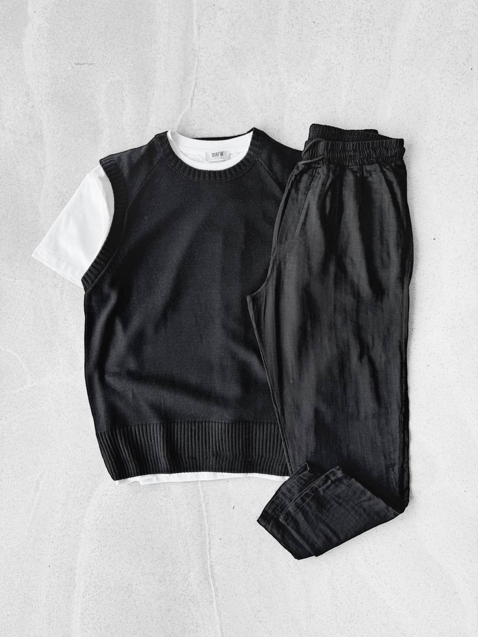 Oversize Triko Süveter & Müslin Kumaş Keten Pantolon - Siyah