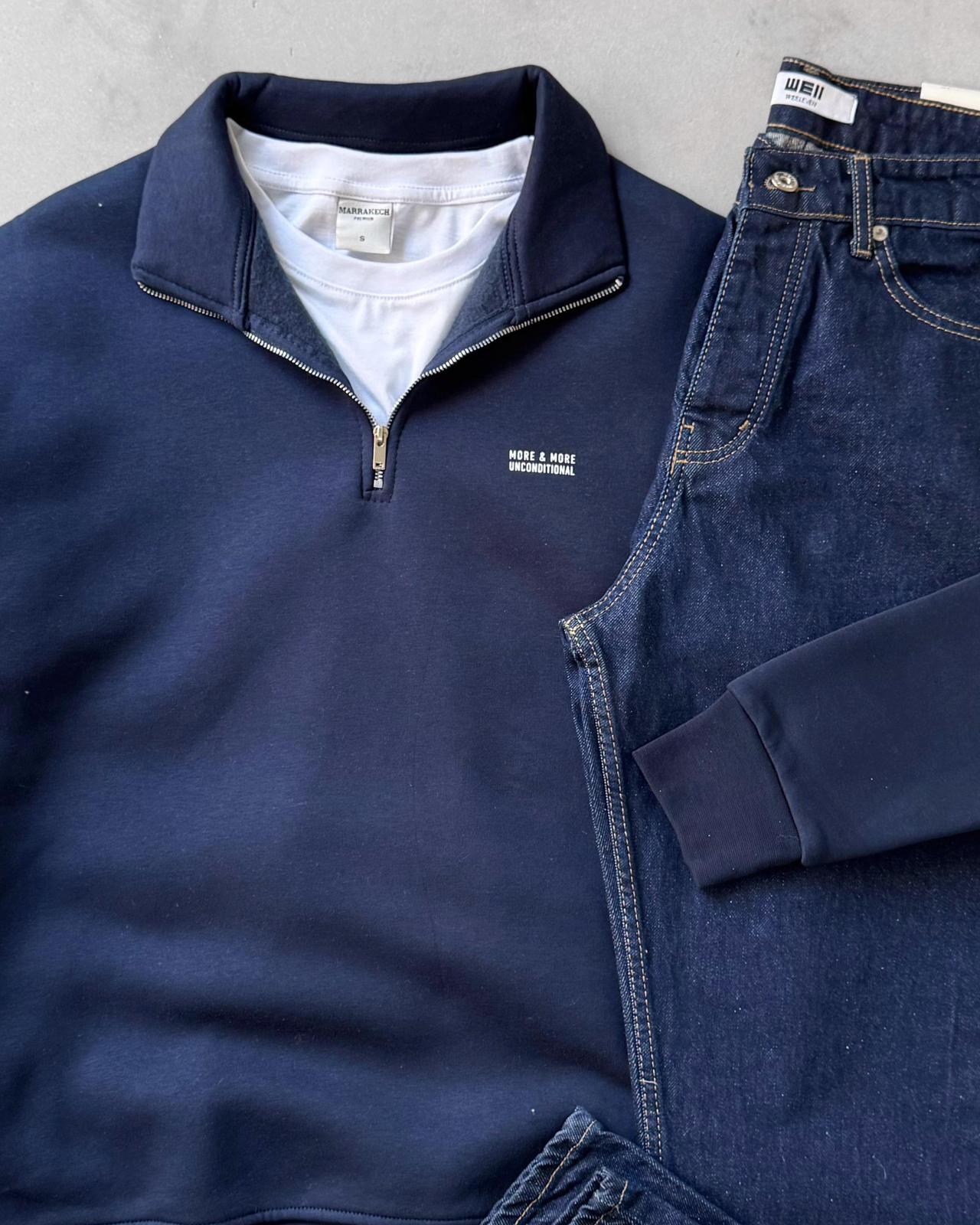 Yarım Fermuarlı Üç İplik Sweatshirt & Baggy Kot Pantolon G2109 - Lacivert