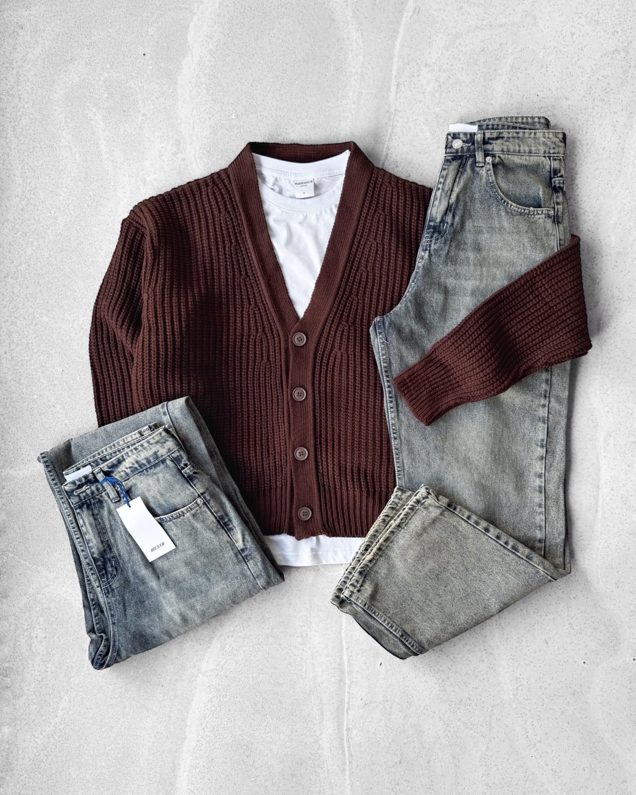 Düğmeli Triko Hırka & Regular Fit Kot Pantolon G2071 - Kahverengi