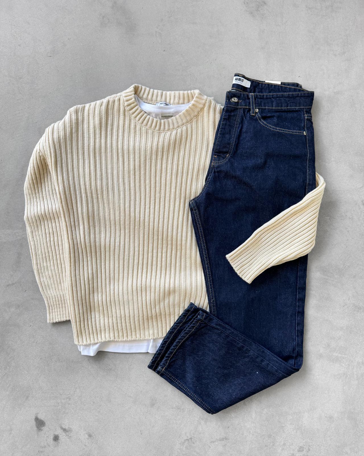 Bisiklet Yaka Triko Kazak & Regular Kot Pantolon G2110 - Bej