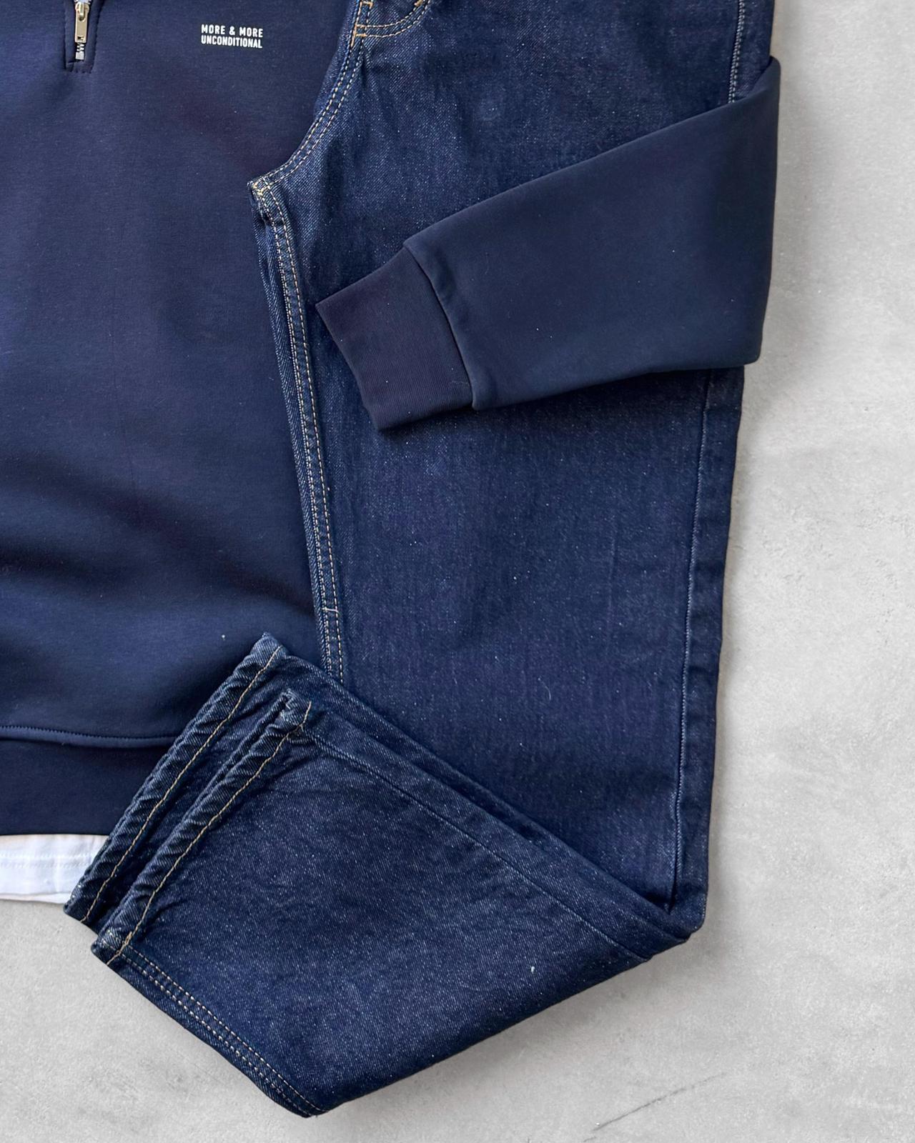 Yarım Fermuarlı Üç İplik Sweatshirt & Baggy Kot Pantolon G2109 - Lacivert