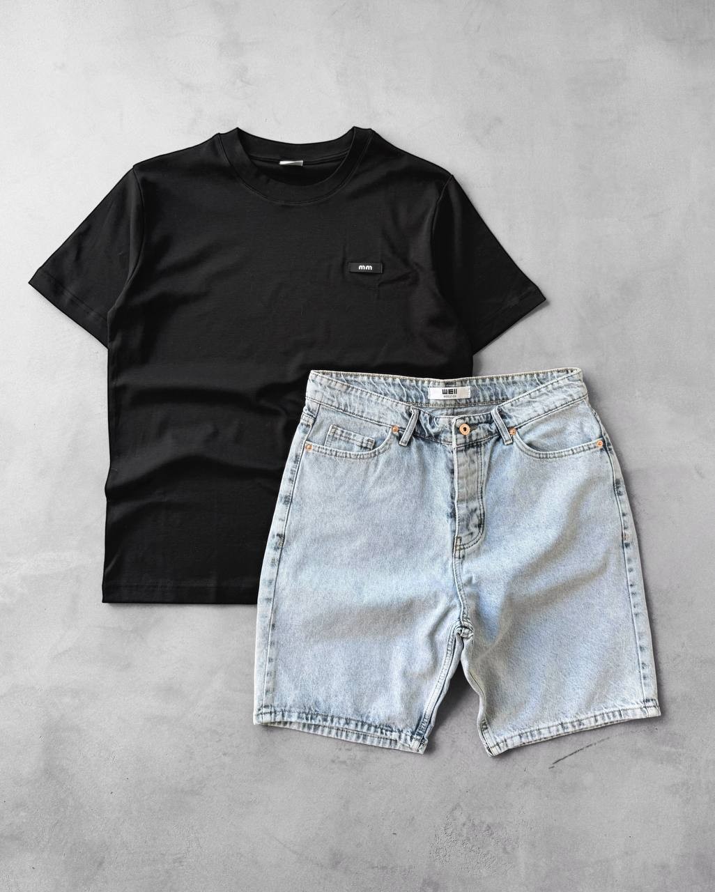 MM Bisiklet Yaka Oversize Tişört & Kot Şort  - Siyah