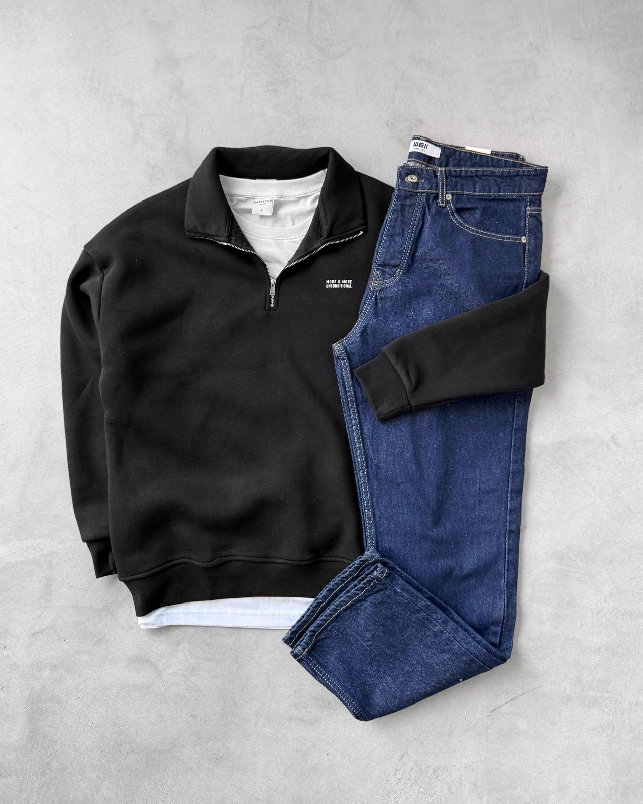 Yarım Fermuarlı Üç İplik Sweatshirt & Baggy Kot Pantolon G2109 - Siyah