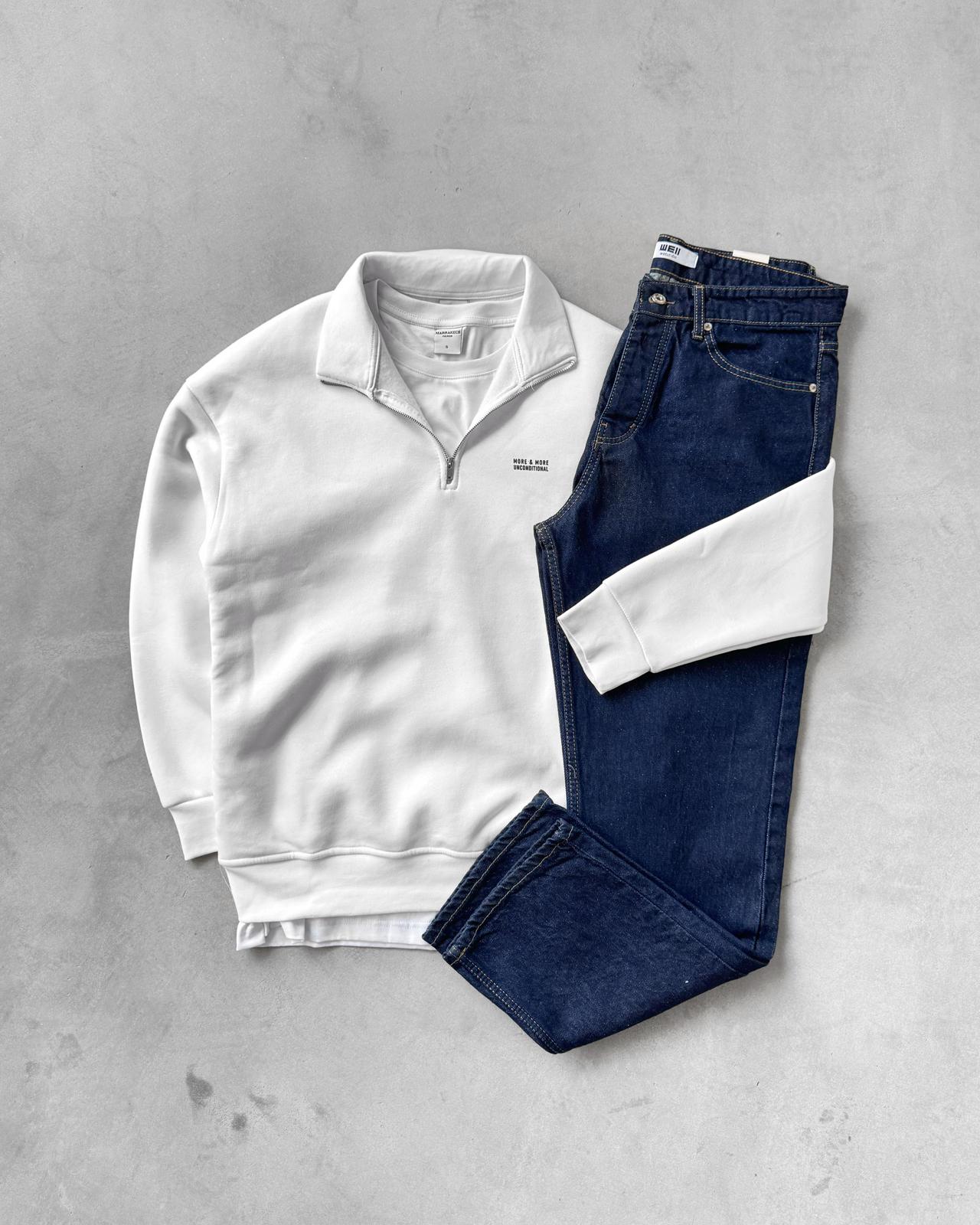 Yarım Fermuarlı Üç İplik Sweatshirt & Baggy Kot Pantolon G2109 - Beyaz