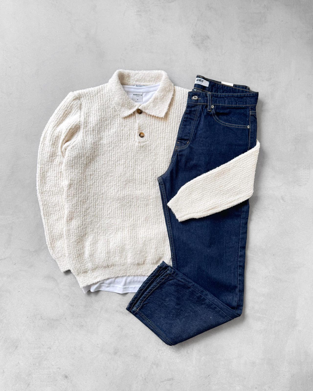 Poplin Kumaş Polo Yaka Triko & Regular Fit Kot Pantolon G2117 - Bej