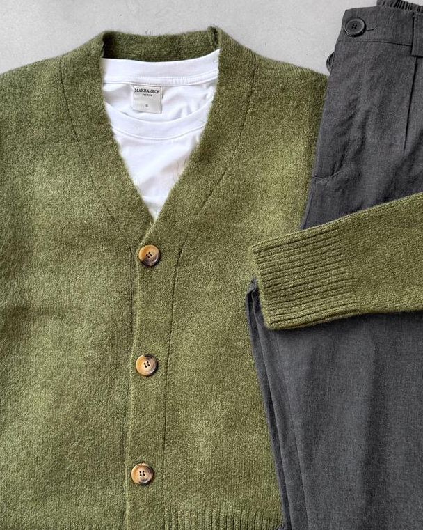 Sık Dokuma Düğmeli Triko Hırka & Kombin Pantolon G2090 - Zeytin Yeşili