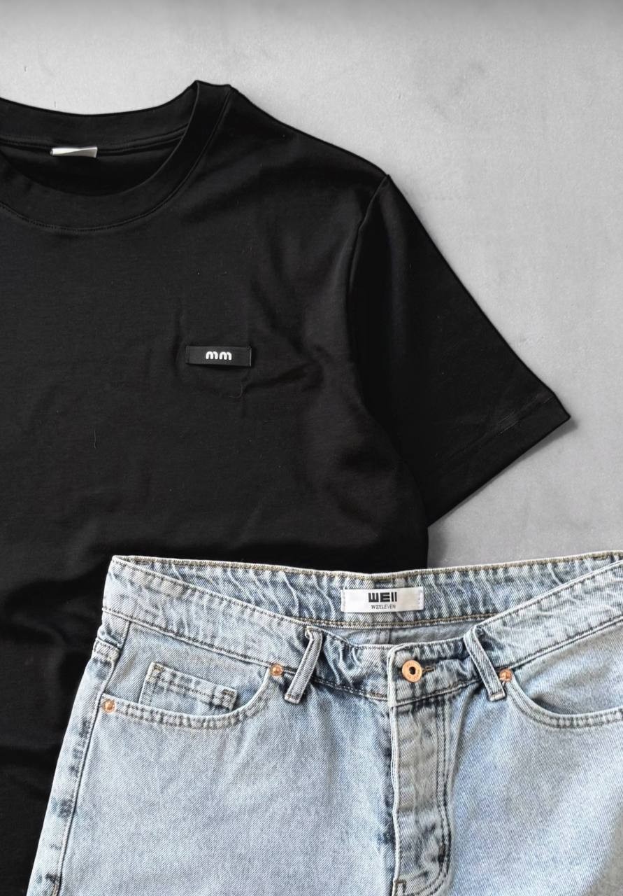 MM Bisiklet Yaka Oversize Tişört & Kot Şort  - Siyah