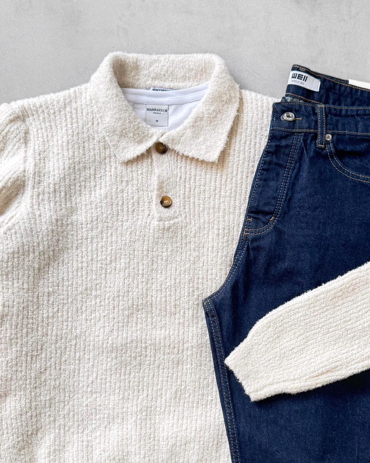 Poplin Kumaş Polo Yaka Triko & Regular Fit Kot Pantolon G2117 - Bej