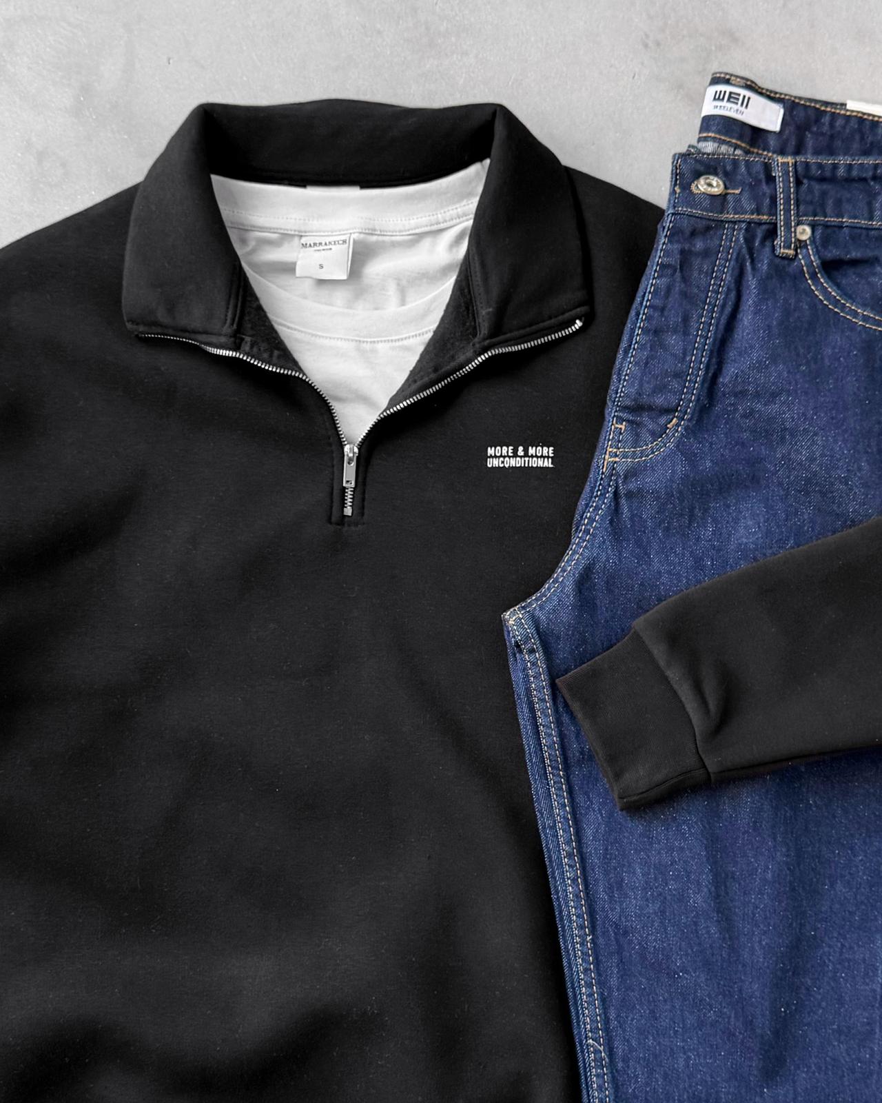 Yarım Fermuarlı Üç İplik Sweatshirt & Baggy Kot Pantolon G2109 - Siyah