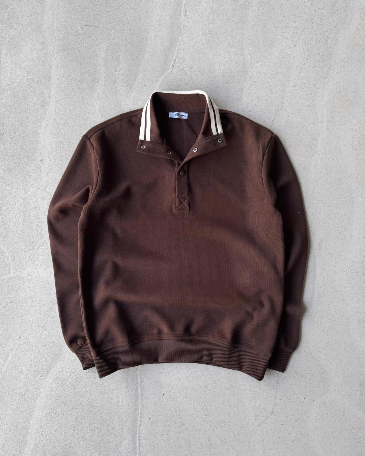 Selanik Örme Sweatshirt Çıt Çıtlı Yaka G2078 - Kahverengi