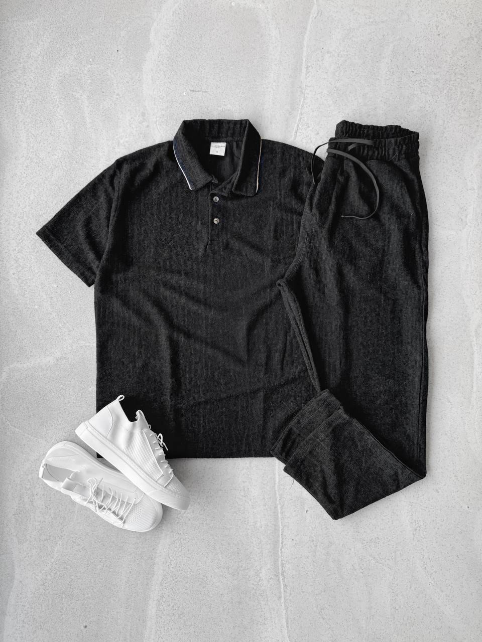 Havlu Kumaş Oversize Triko Tişört & Kombin Pantolonu - Siyah