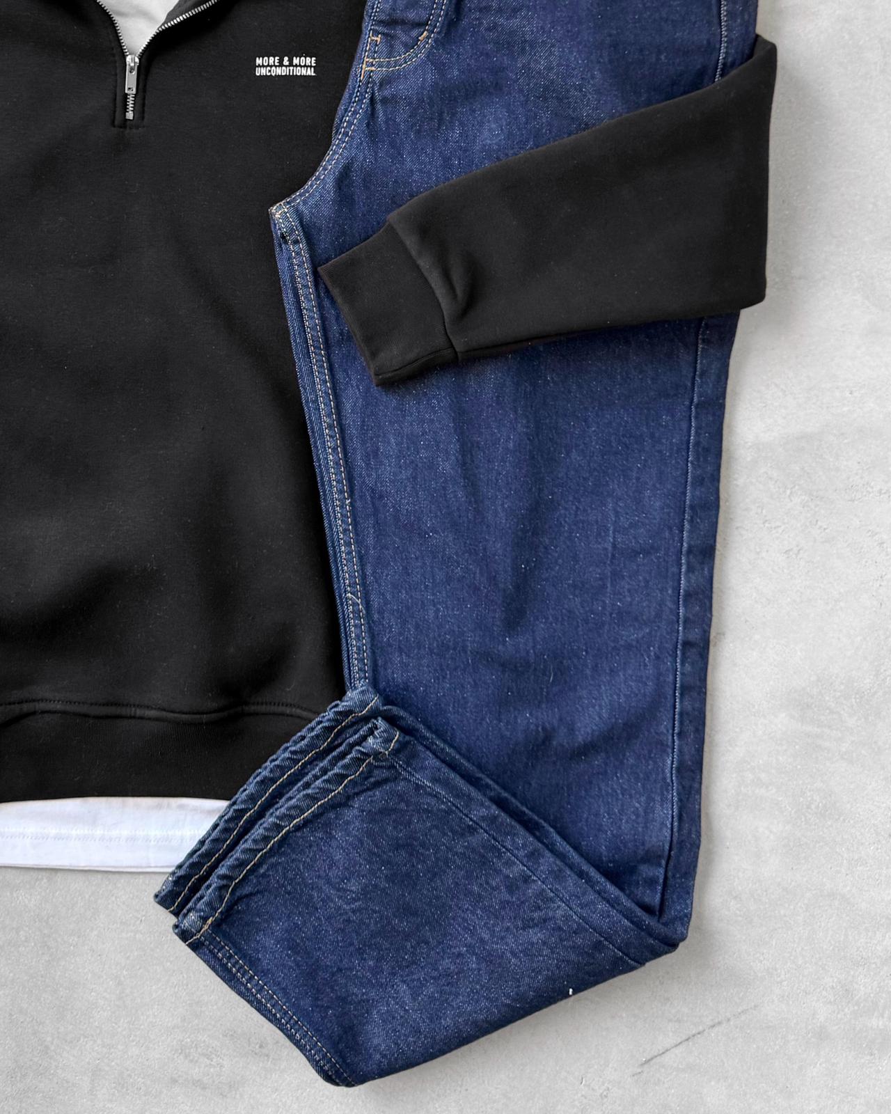 Yarım Fermuarlı Üç İplik Sweatshirt & Baggy Kot Pantolon G2109 - Siyah