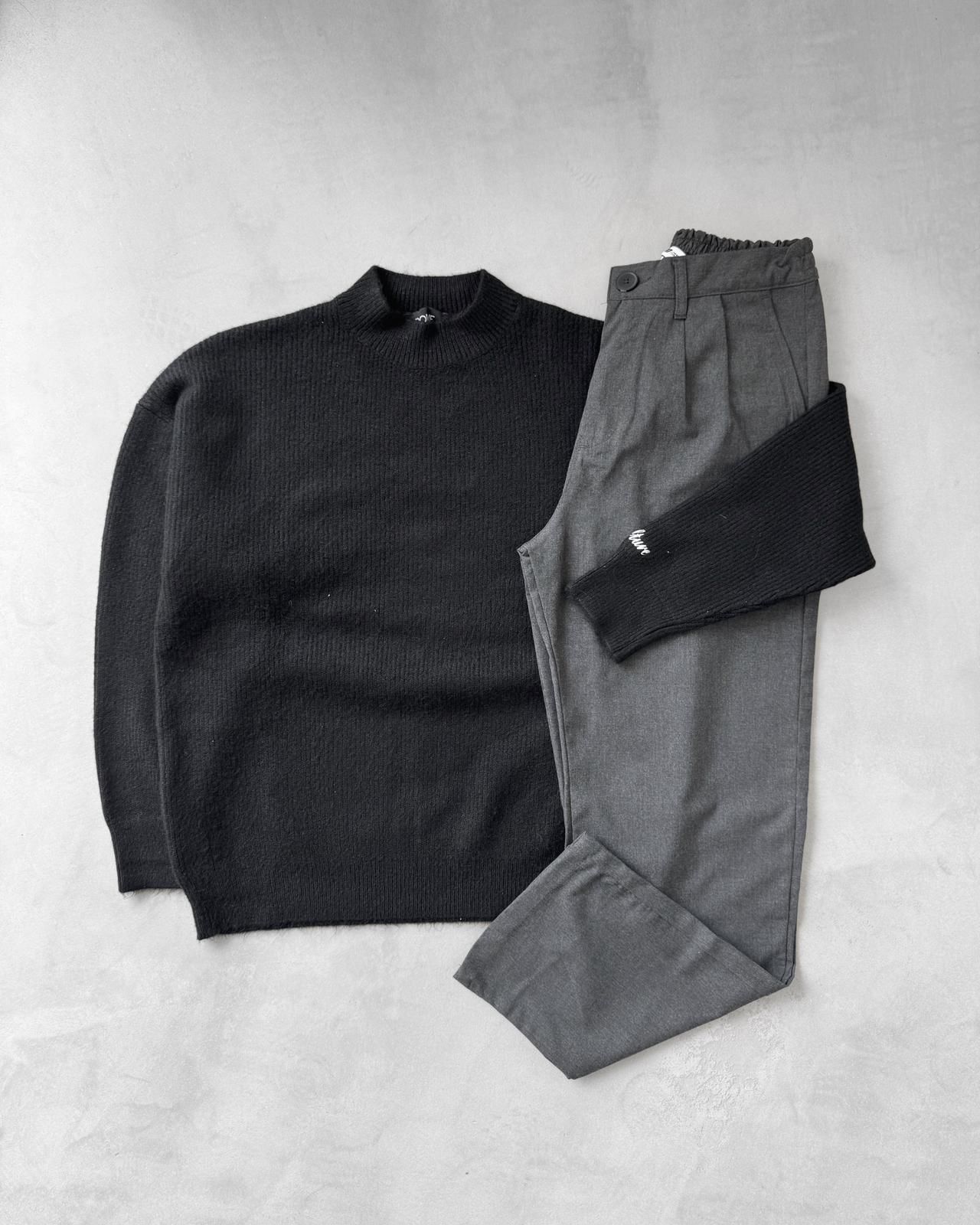 Dik Yaka Triko Kazak & Kumaş Pantolon G2085 - Siyah