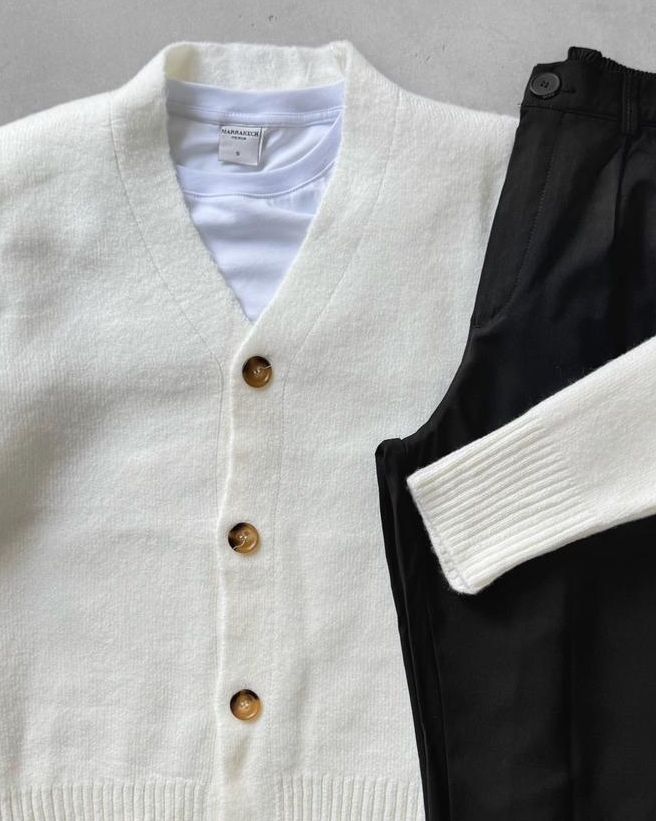 Sık Dokuma Düğmeli Triko Hırka & Kombin Pantolon G2090 - Bej