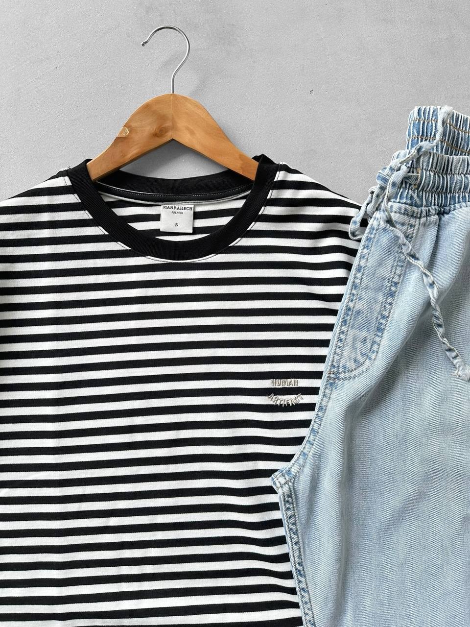 Bisiklet Yaka Çizgili Oversize Human Tshirt & Beli Bağcıklı Baggy Gabardin Pantolon - Siyah