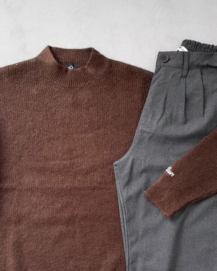 Dik Yaka Triko Kazak & Kumaş Pantolon G2085 - Kahverengi