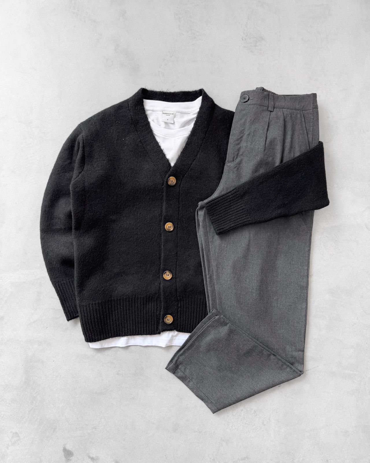 Sık Dokuma Düğmeli Triko Hırka & Kombin Pantolon G2090 - Siyah