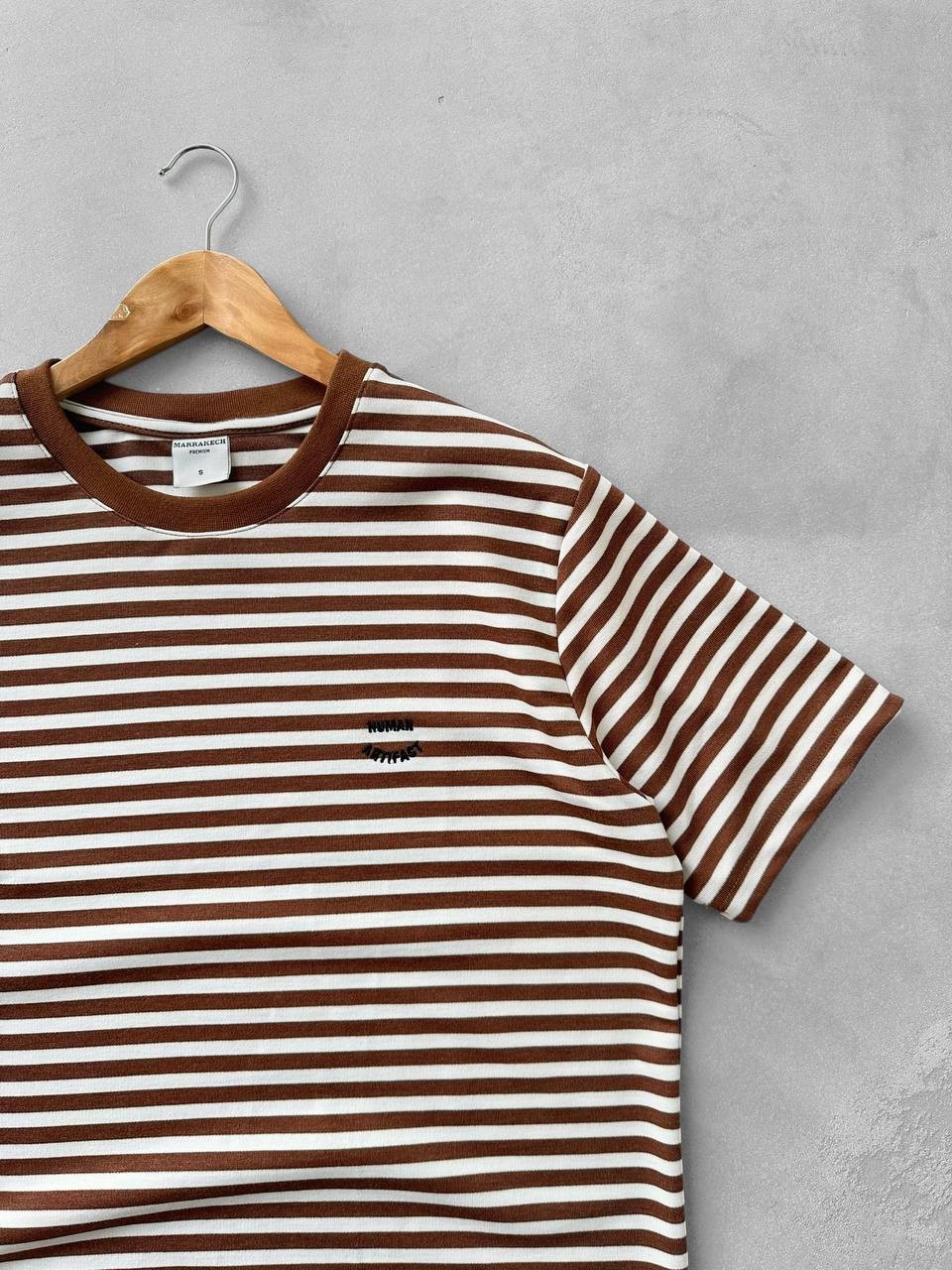Bisiklet Yaka Çizgili Oversize Human Tshirt - Kahverengi
