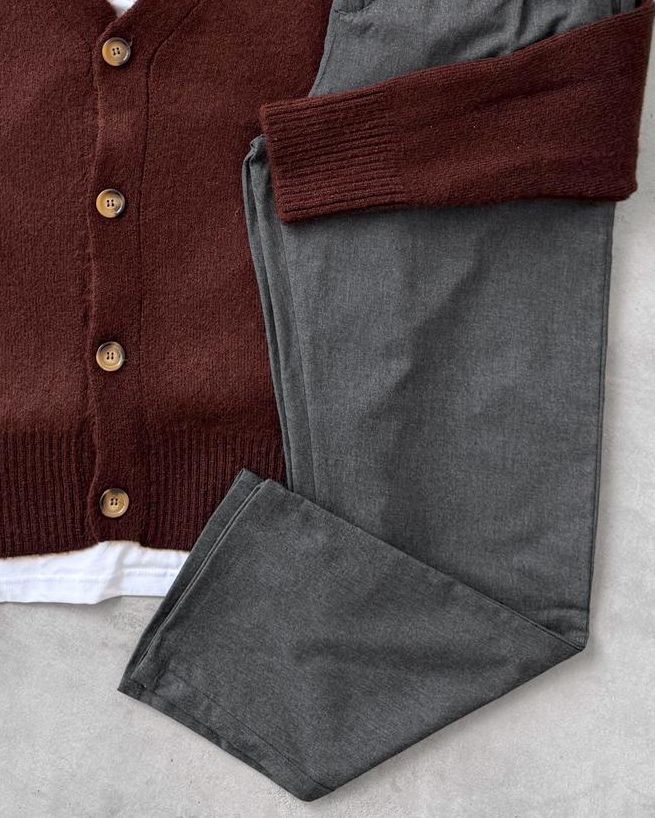 Sık Dokuma Düğmeli Triko Hırka & Kombin Pantolon G2090 - Kahverengi