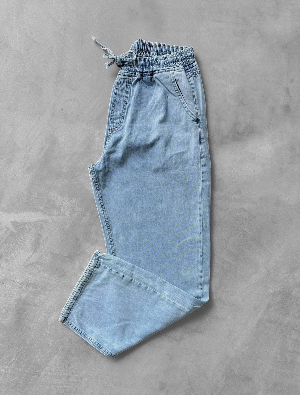 Beli Bağcıklı Baggy Gabardin Pantolon - Buz Mavi