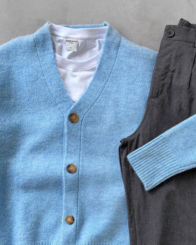 Sık Dokuma Düğmeli Triko Hırka & Kombin Pantolon G2090 - Bebe Mavisi