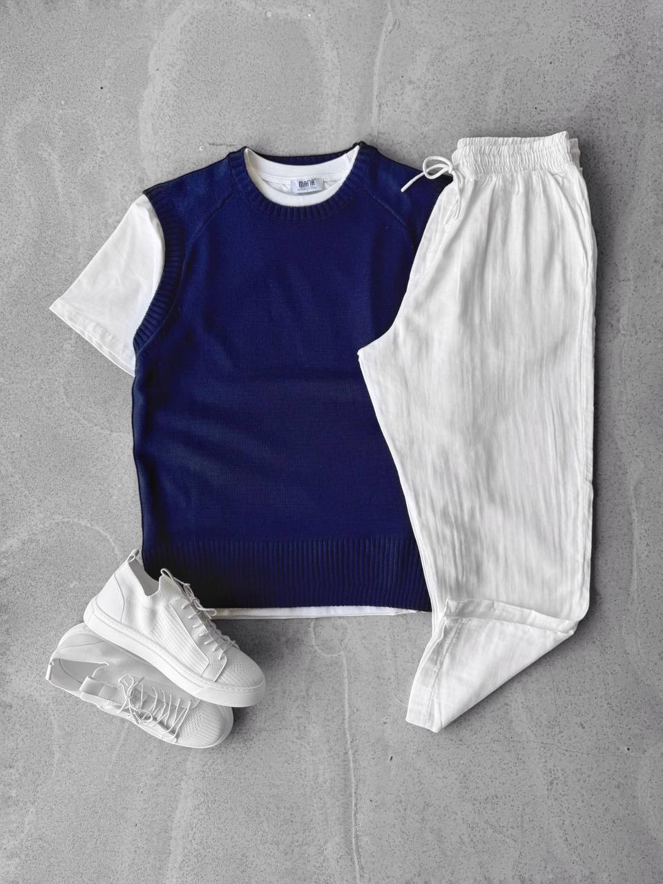 Oversize Triko Süveter & Müslin Kumaş Keten Pantolon - Lacivert