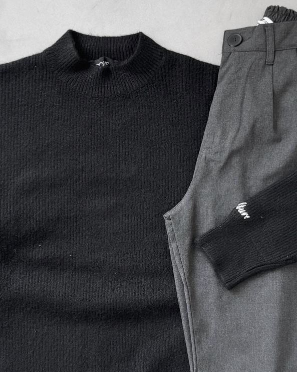 Dik Yaka Triko Kazak & Kumaş Pantolon G2085 - Siyah