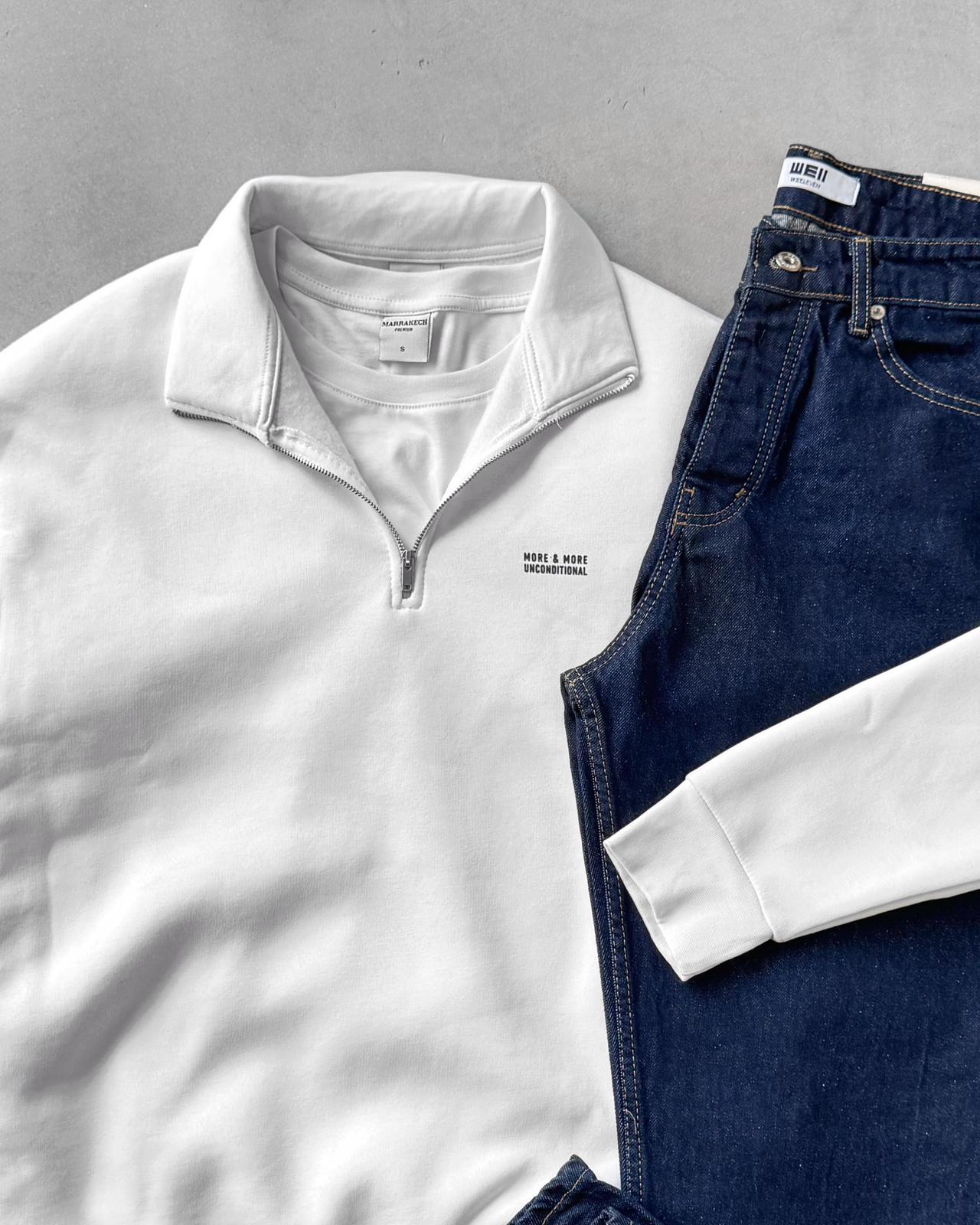 Yarım Fermuarlı Üç İplik Sweatshirt & Baggy Kot Pantolon G2109 - Beyaz