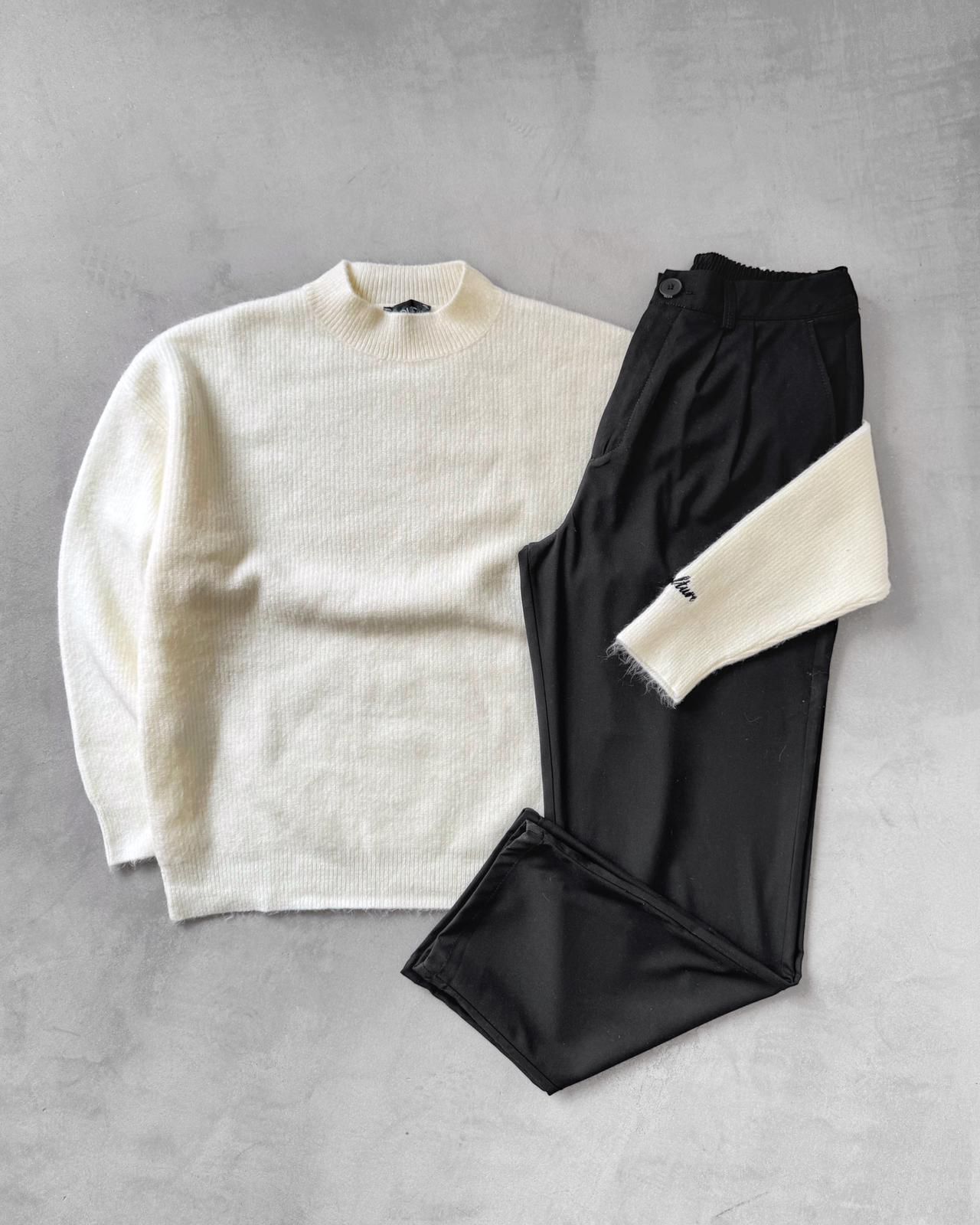 Dik Yaka Triko Kazak & Kumaş Pantolon G2085 - Ekru