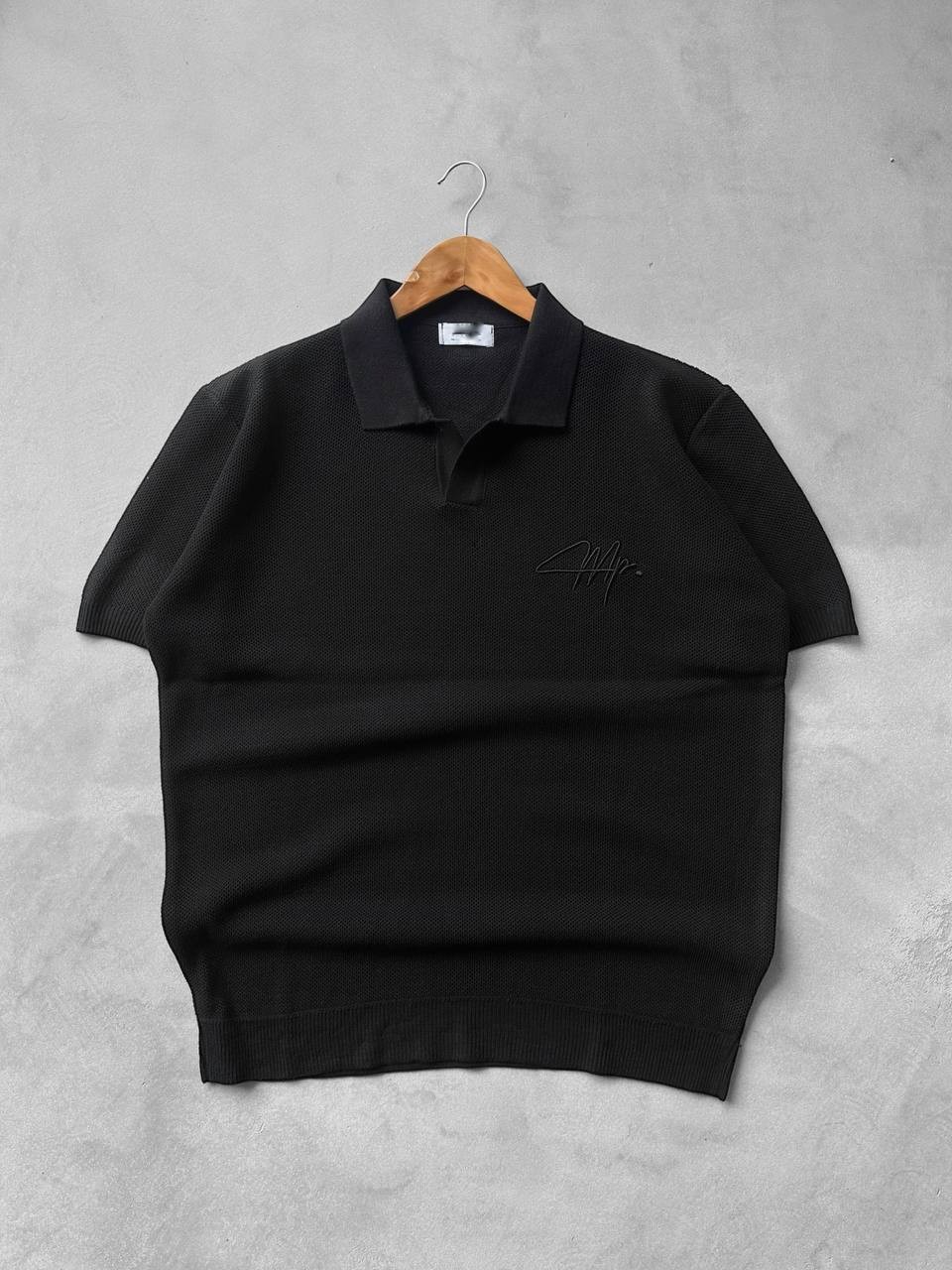 Polo Yaka Göğüs Nakışlı Triko Tişört & Baggy Beli Lastikli Kumaş Pantolon  - Siyah