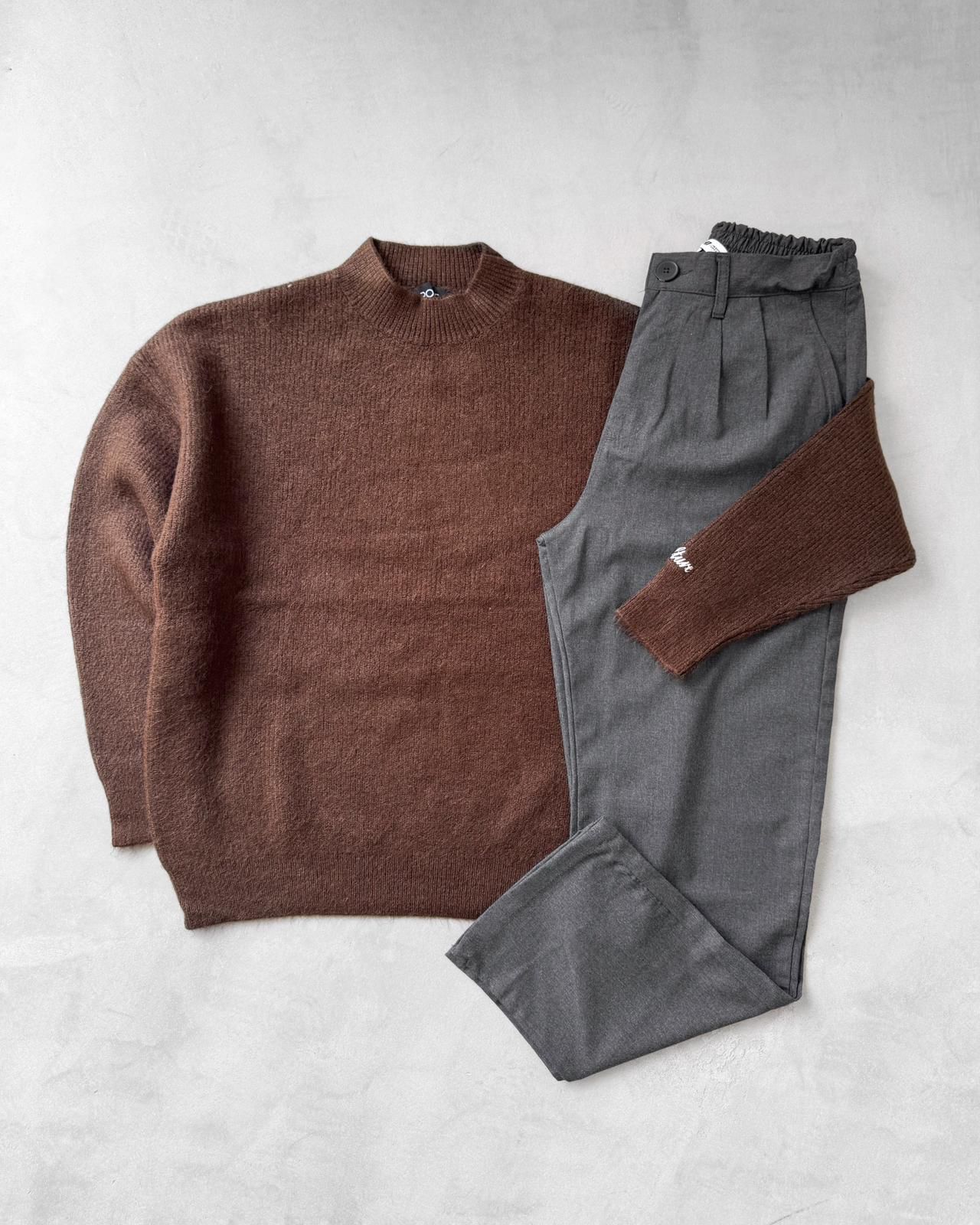 Dik Yaka Triko Kazak & Kumaş Pantolon G2085 - Kahverengi