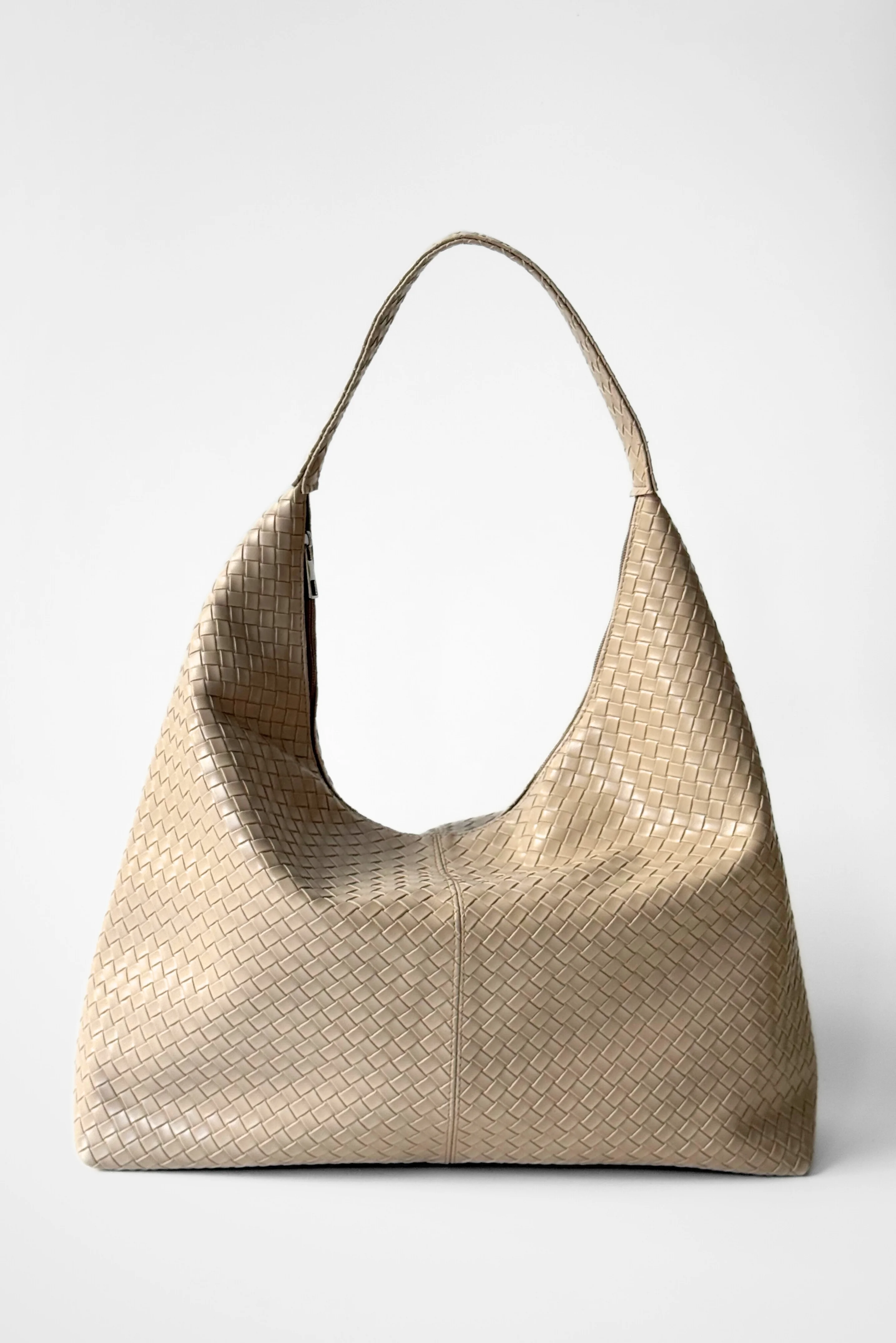 Örgü Dokulu Laura Salaş Görünümlü ve Geniş Hacimli Suni Deri Kadın Shopper Omuz Çantası - açık vizon