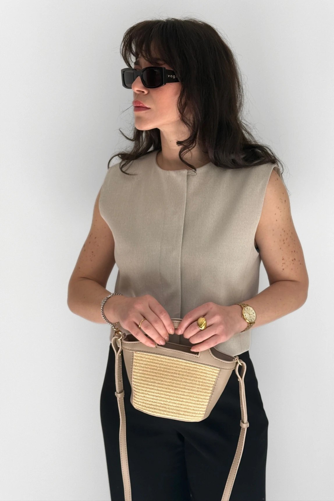 Willow Suni Deri Detaylı Çapraz Kullanımlı Mini Hasır El ve Omuz Çantası