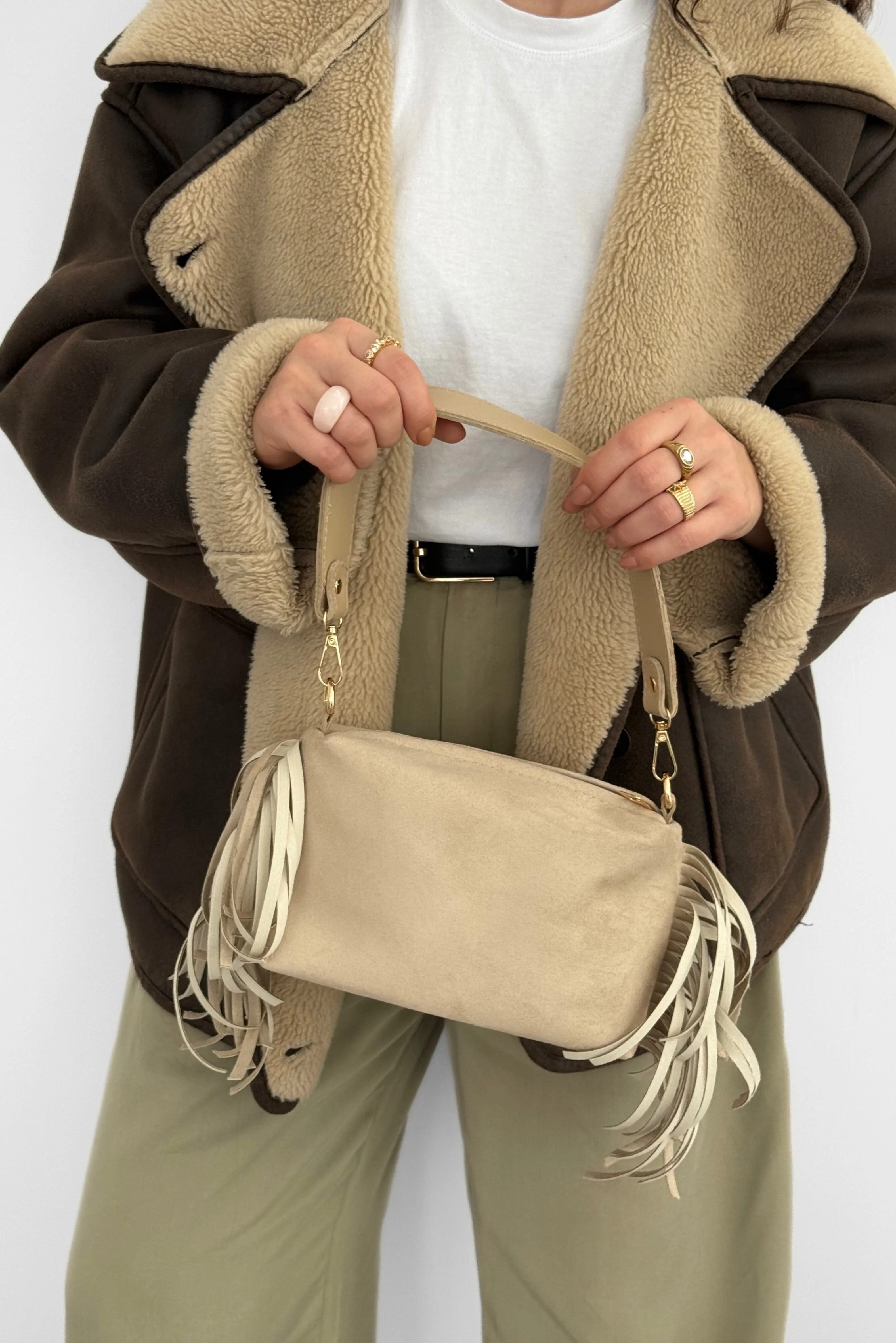 Süet Talia Püsküllü Çapraz ve Omuz Çantası