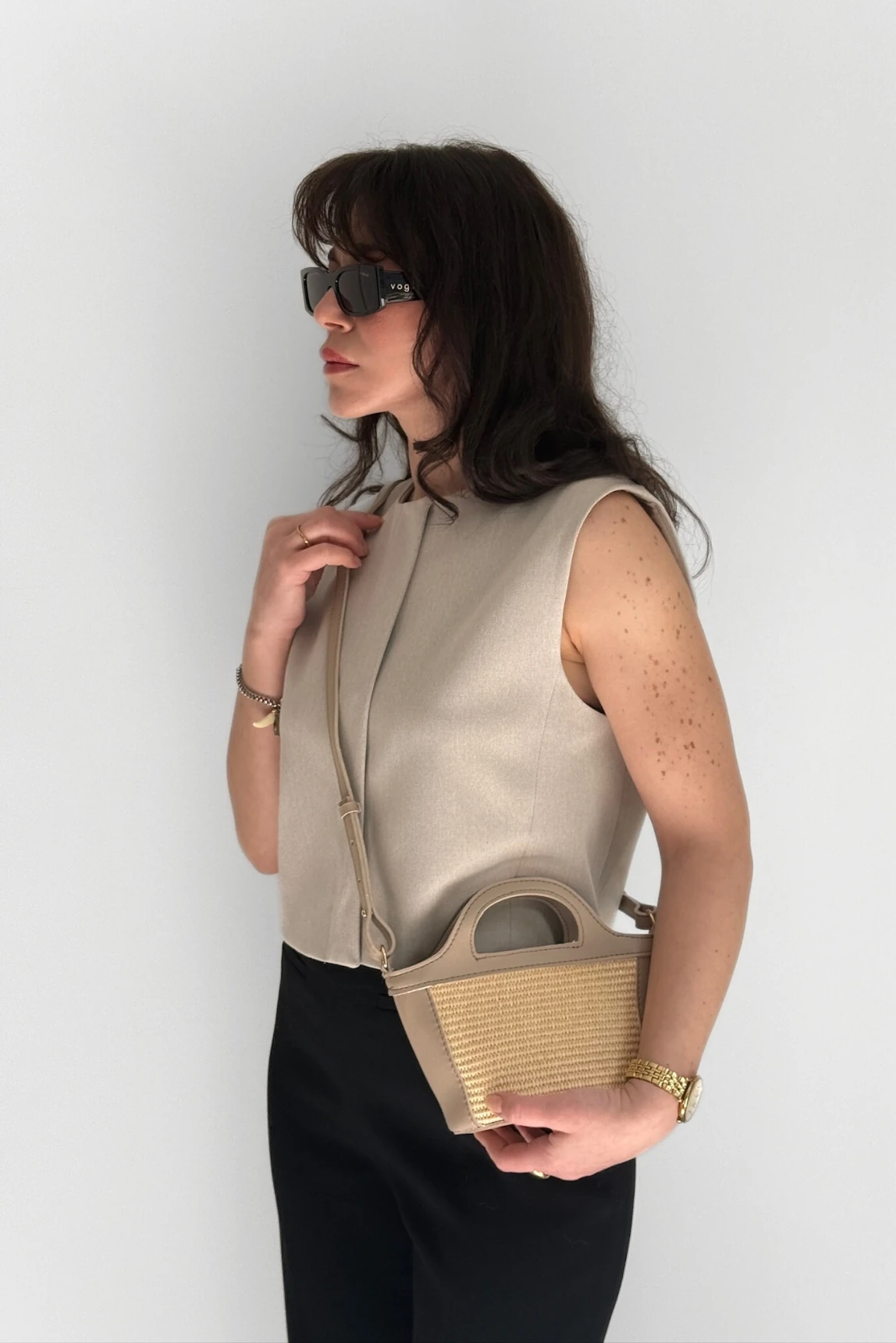 Willow Suni Deri Detaylı Çapraz Kullanımlı Mini Hasır El ve Omuz Çantası