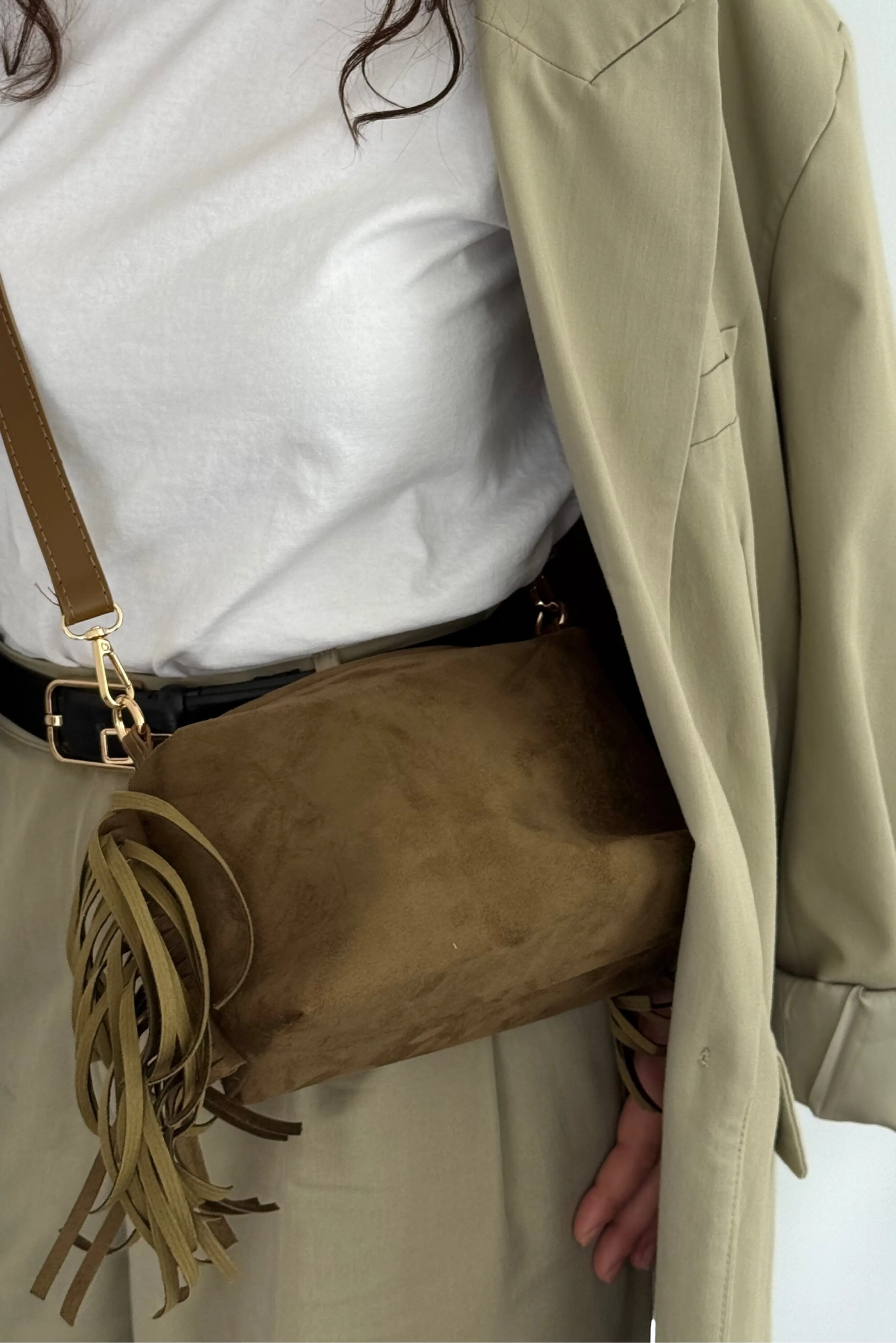 Süet Talia Püsküllü Çapraz ve Omuz Çantası - haki